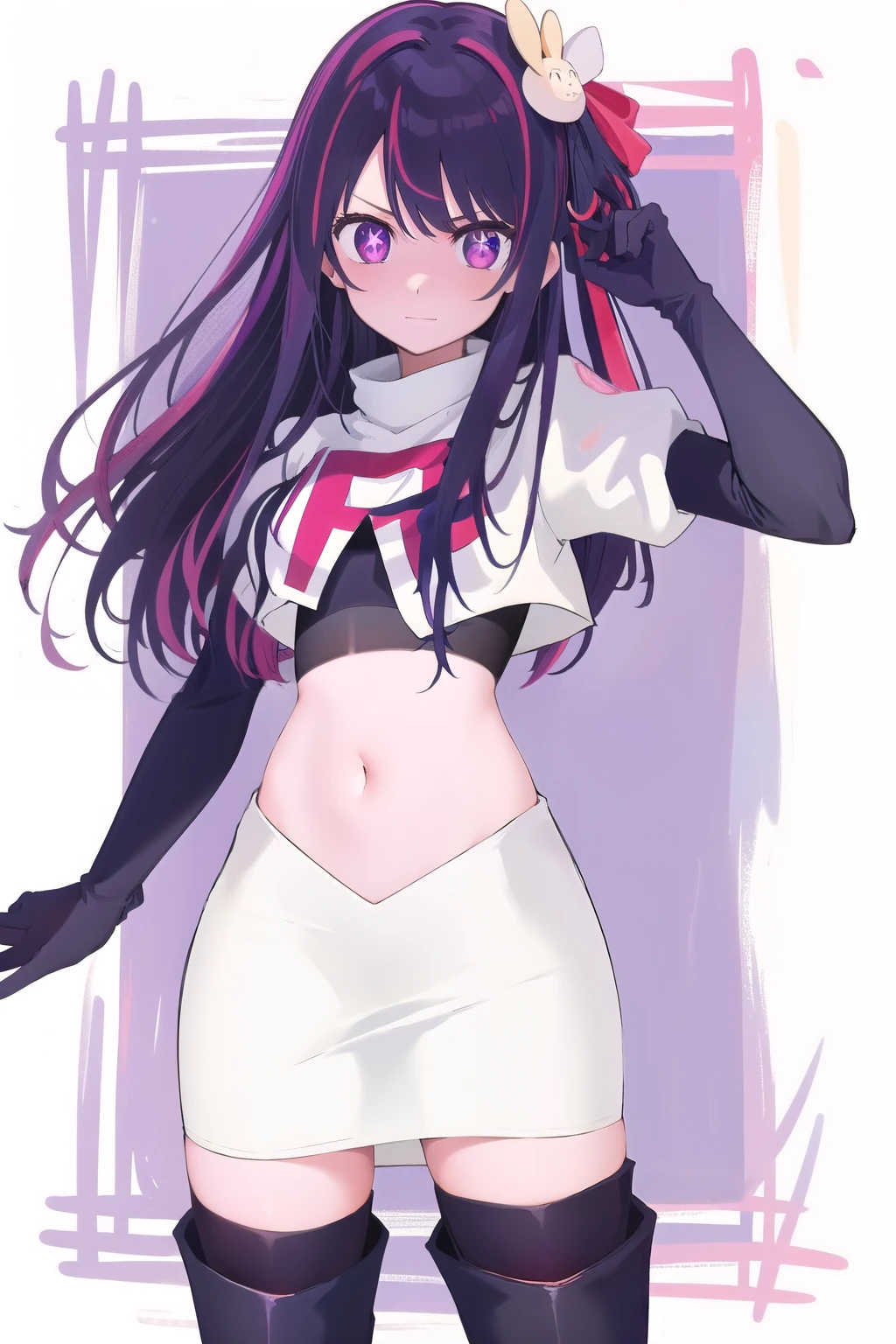 1girl, Hoshino Ai, long hair, purple hair, streaked hair ,purple eyes, star-shaped pupils, hair ornament, team rocket,team rocket uniform,white skirt,red letter R,crop top,black thigh-highs,black elbow gloves