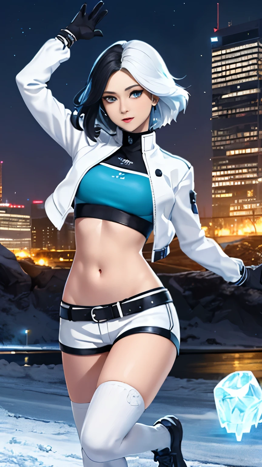 (Highly quality, masterpiece, detailed), night snowing city detailed scenario, night snowing city detailed background, 20 years old girl, solo, luna_snow, happy faces, black hair, white hair, multi-colored hair, short hair, blue eyes, white eyes, multicolored eyes, black Leather crop top jacket, white leather shorts, white midriff, blue midriff, multicolored midriff, black gloves, white gloves, black footwear, white socks, blue socks, show her ices powers navel, perfect face, beautiful eyes, looking at the viewer, Sexy pose