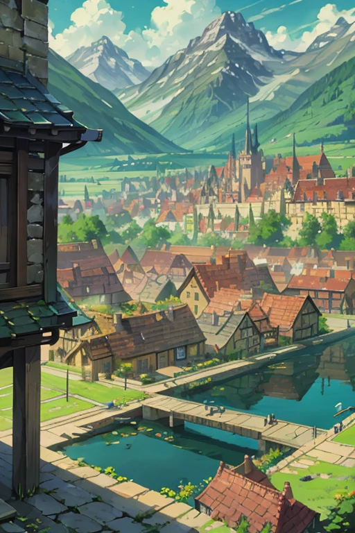 fantasy world, estilo isekai de anime, city surrounded by walls in the mountains, estilo pixel art,