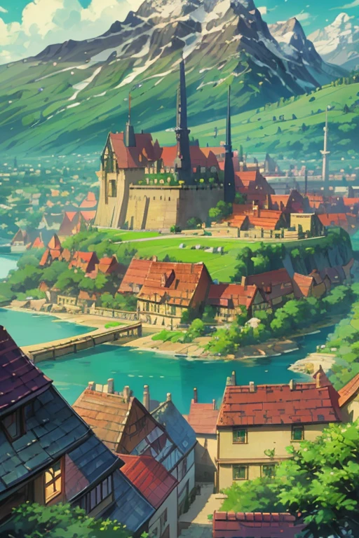 fantasy world, estilo isekai de anime, city surrounded by walls in the mountains, estilo pixel art,