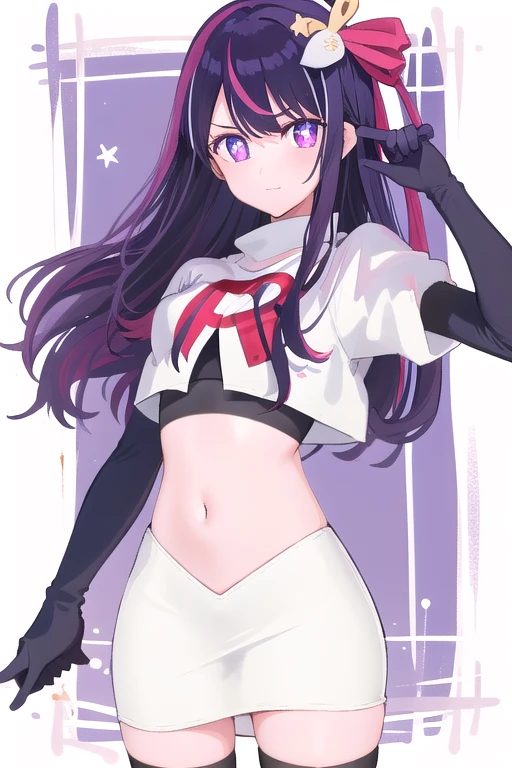 1girl, Hoshino Ai, long hair, purple hair, streaked hair ,purple eyes, star-shaped pupils, hair ornament, team rocket,team rocket uniform,white skirt,red letter R,crop top,black thigh-highs,black elbow gloves