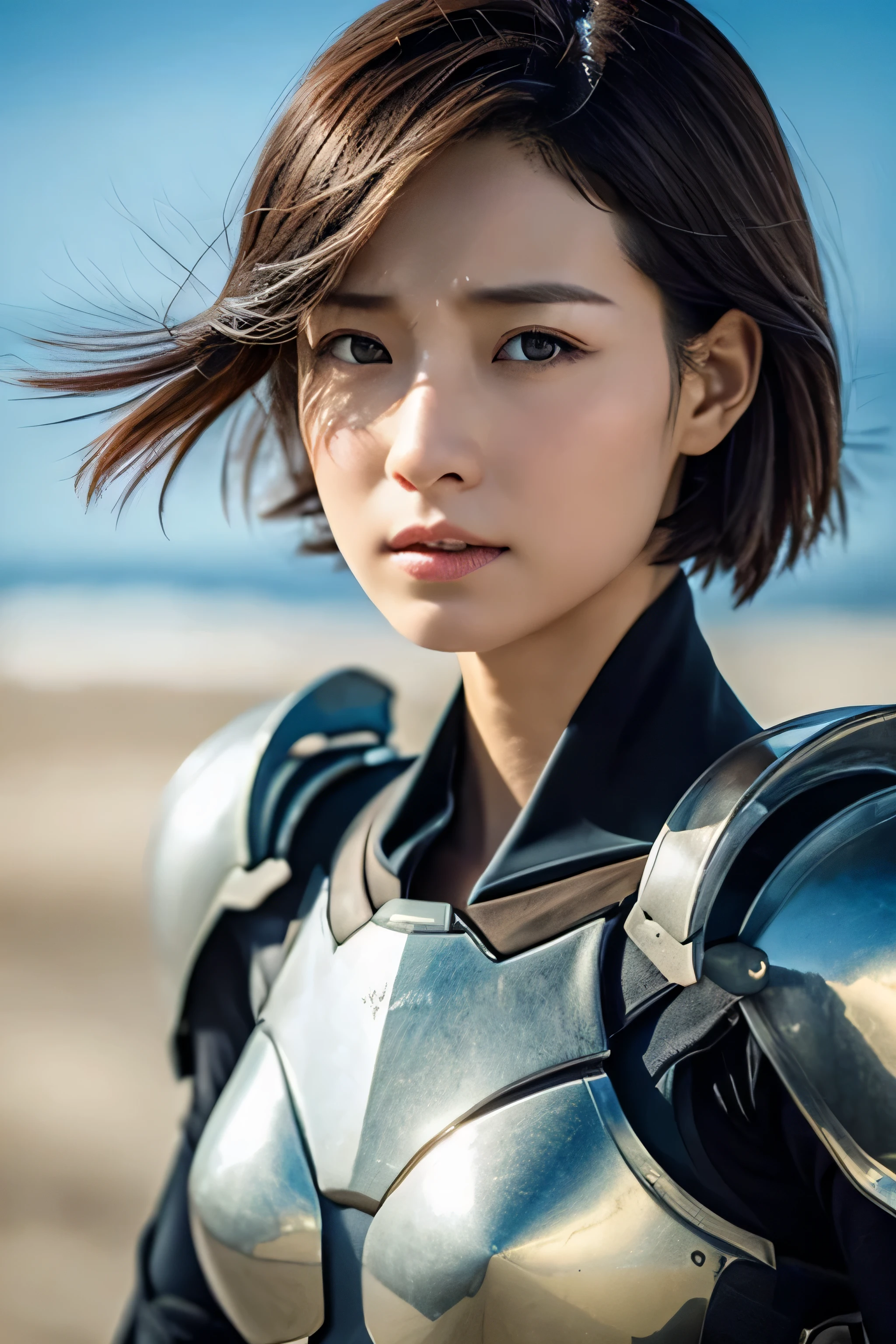 Strong wind blowing, battlefield, Seven-quarter body images, Very realistic, Rin々A beautiful woman, 26 years old, Serious expression, short hair, hair fluttering in the strong wind, Shiny Armor