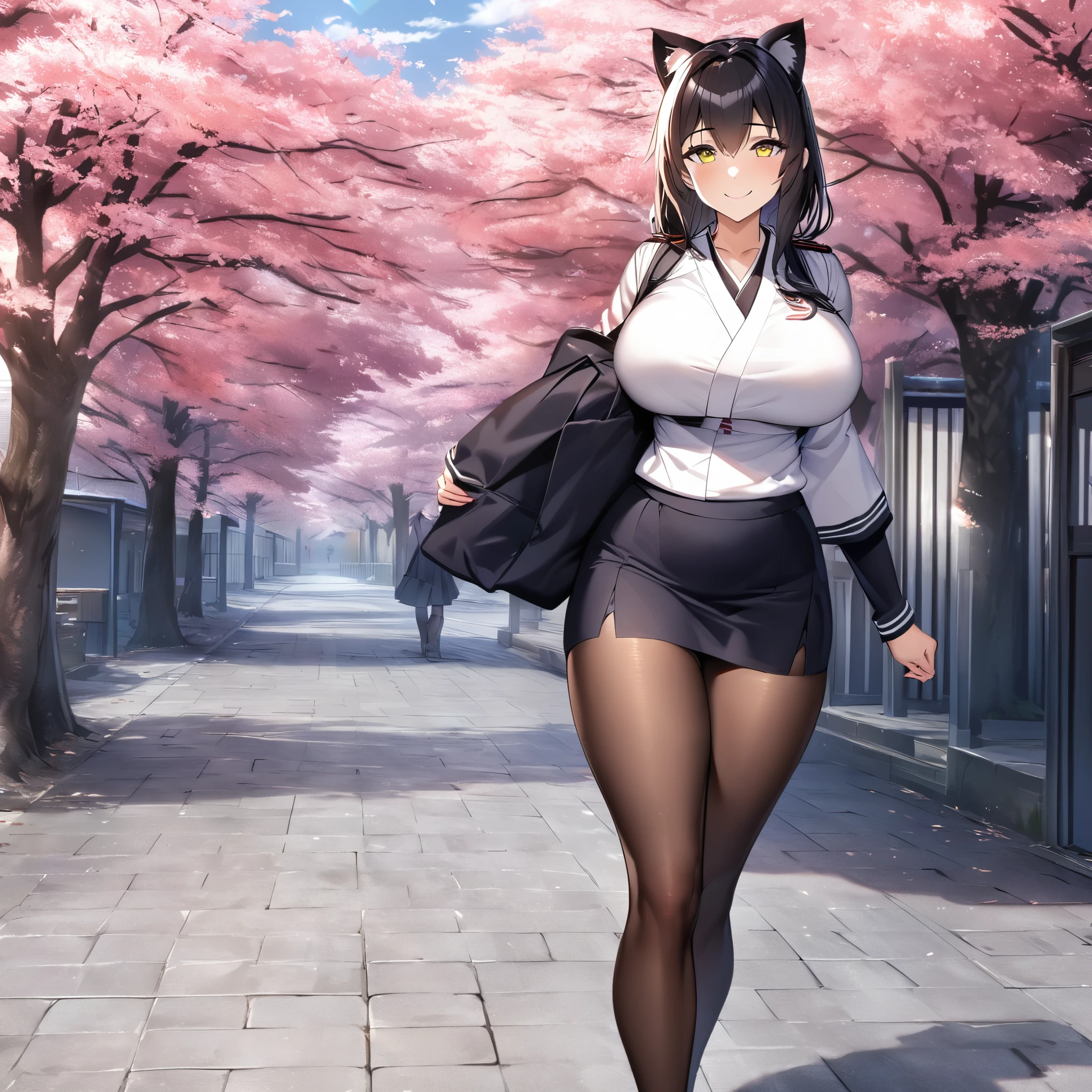 A woman wearing a Japanese navy , short black skirt, thick brown tights, black hair, neko ears, yellow eyes, smiling, big breasts, full body, walking outside a Japanese school with sakura trees HDR, ultra resolution, well defined, masterpiece, 8K HD (woman solo )
