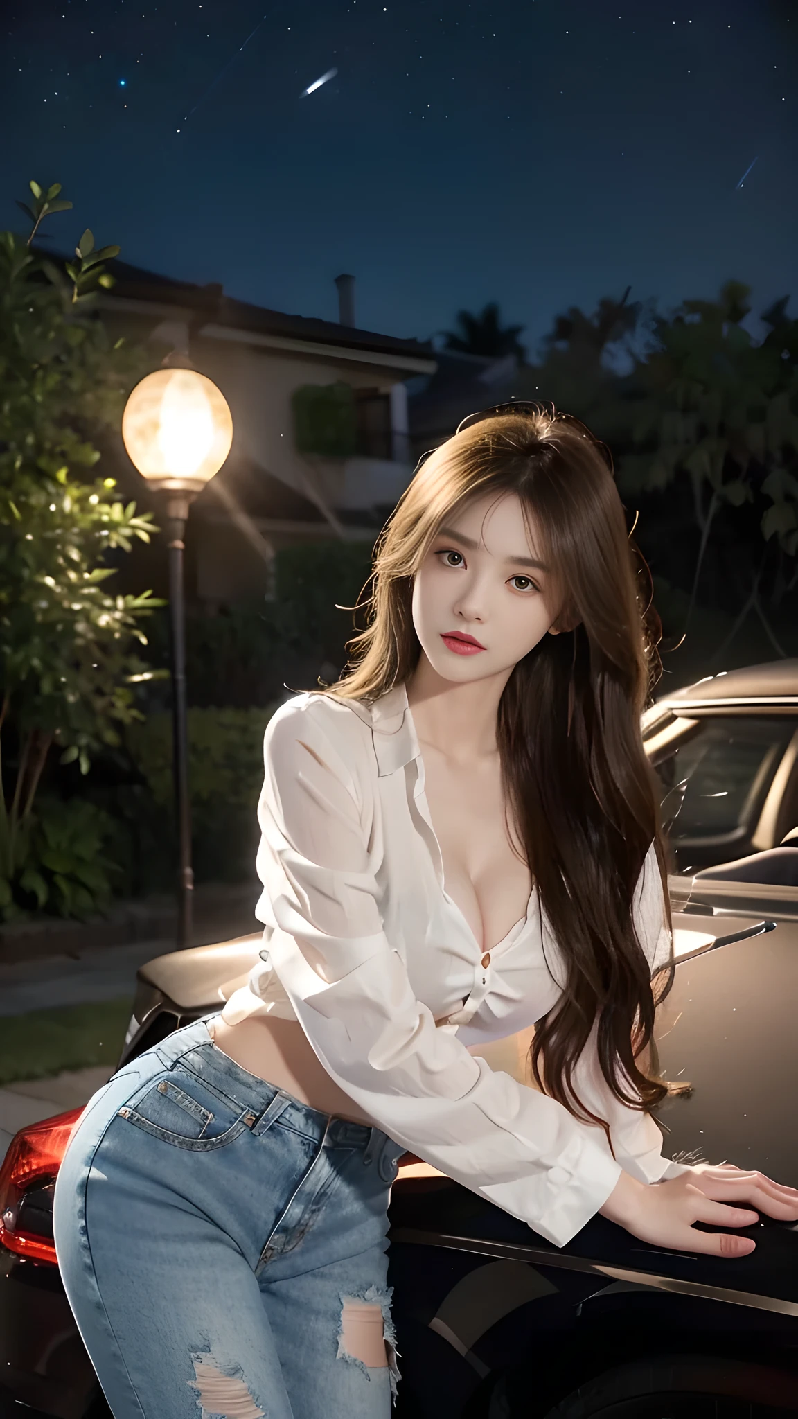 full hd 8k, Girl standing in front of a dark night scene, full moonlight reflecting on her beautiful face. Her long, silky hair was gently blown by the night wind, creating a gentle and romantic feeling. Next to her is a luxury car, showing her success and class. She looked up at the starry sky, as if searching for something, her eyes showed contemplation and loneliness. The full moon shines in the night sky creating a beautiful scene. The girl has long, silky hair, creating a luxurious and noble beauty. The moonlight shines on the girl's delicate face, highlighting her large, round light brown eyes, creating a natural, gentle beauty. She wore a shirt and short jeans, short jeans, showing off her seductive and luxurious beauty. Her plump breasts were exposed, revealing her plump and extremely sexy breasts. These images capture detailed panoramic portraits and views of the sky and cars. All create a beautiful, wonderful picture that makes people unable to take their eyes off the scene. All these details are described clearly and sharply, sexyly poses,