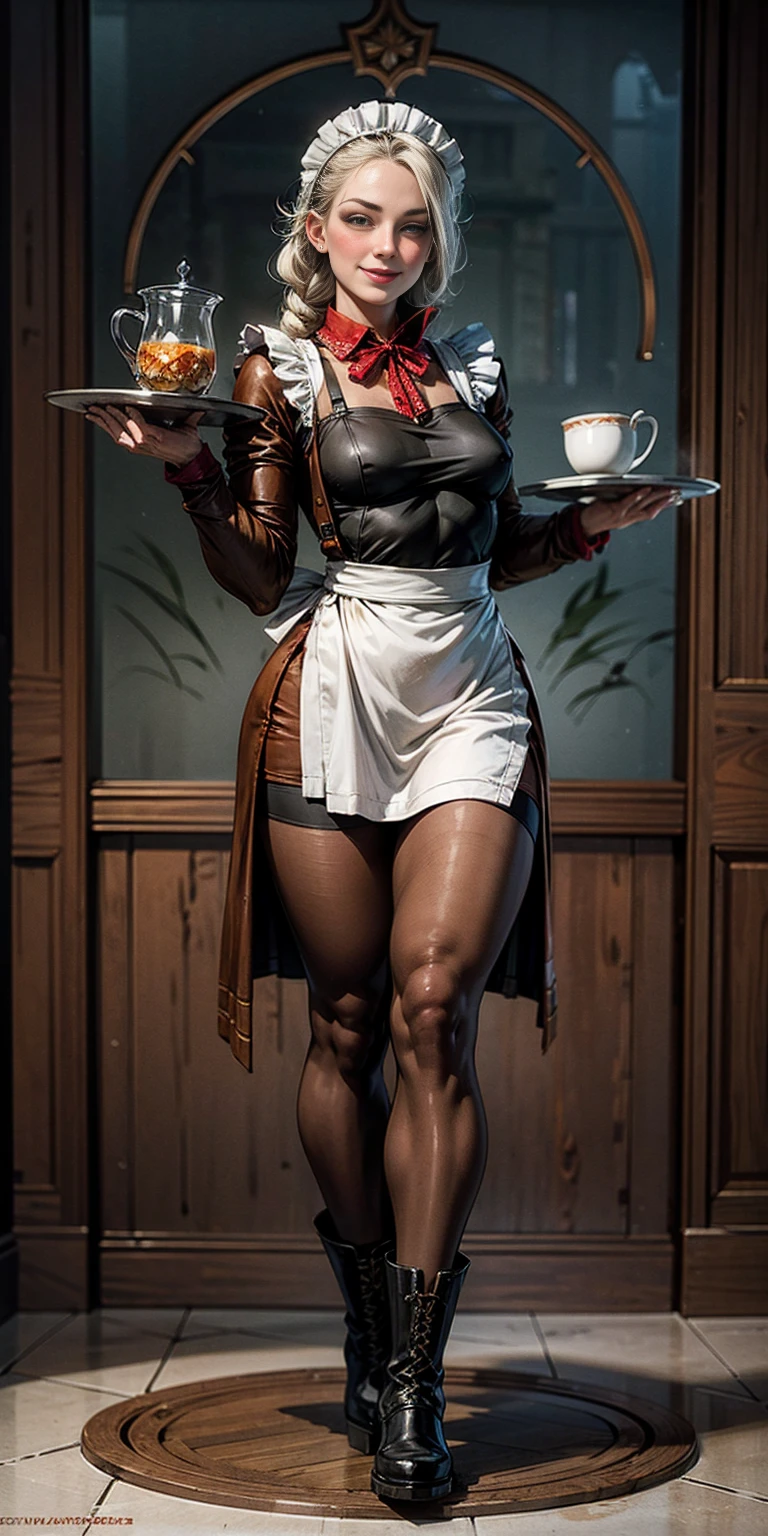 full body standing straight symmetrical, lustful smirking smile face red blush red cheeks, looking at viewer, holding tray, braid, maid headdress, maid, dress, apron, long sleeves, brown pantyhose, long leather military boots, thighs, long white hair, masterpiece