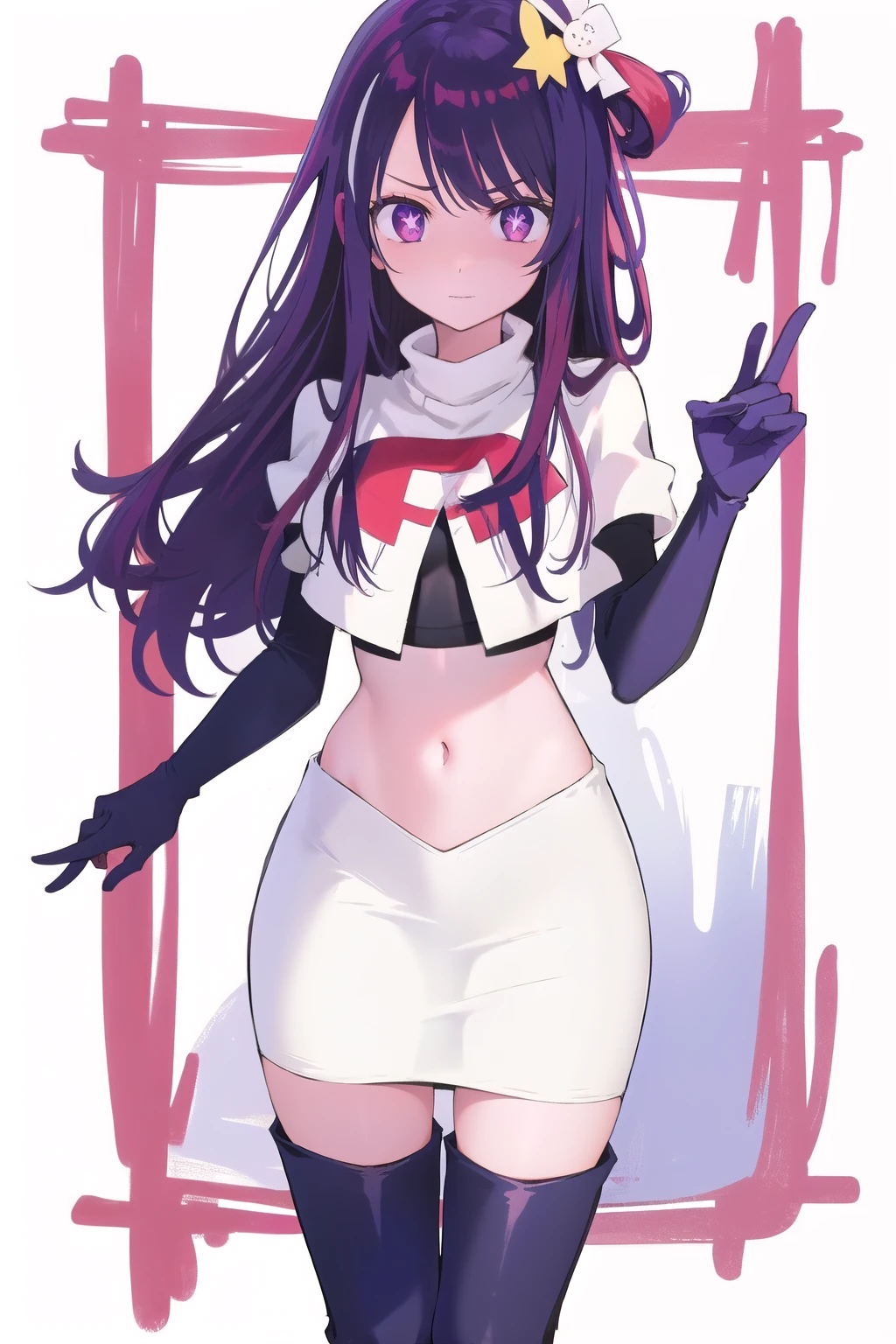 1girl, Hoshino Ai, long hair, purple hair, streaked hair ,purple eyes, star-shaped pupils, hair ornament, team rocket,team rocket uniform,white skirt,red letter R,crop top,black thigh-highs,black elbow gloves