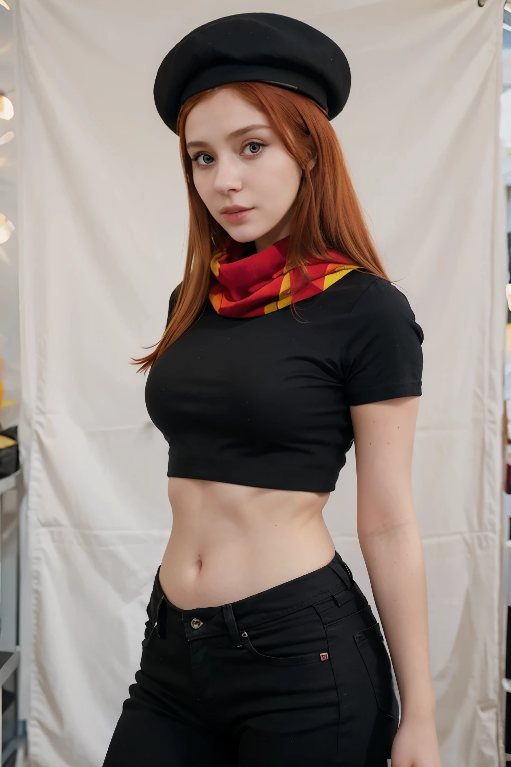 arafed woman with red hair and a black top and a yellow scarf, a portrait by Zofia Stryjenska, tumblr, op art, better known as amouranth, amouranth, wearing a french beret, young beautiful amouranth, an oversized beret, wearing a beret, cute young redhead girl, jovana rikalo