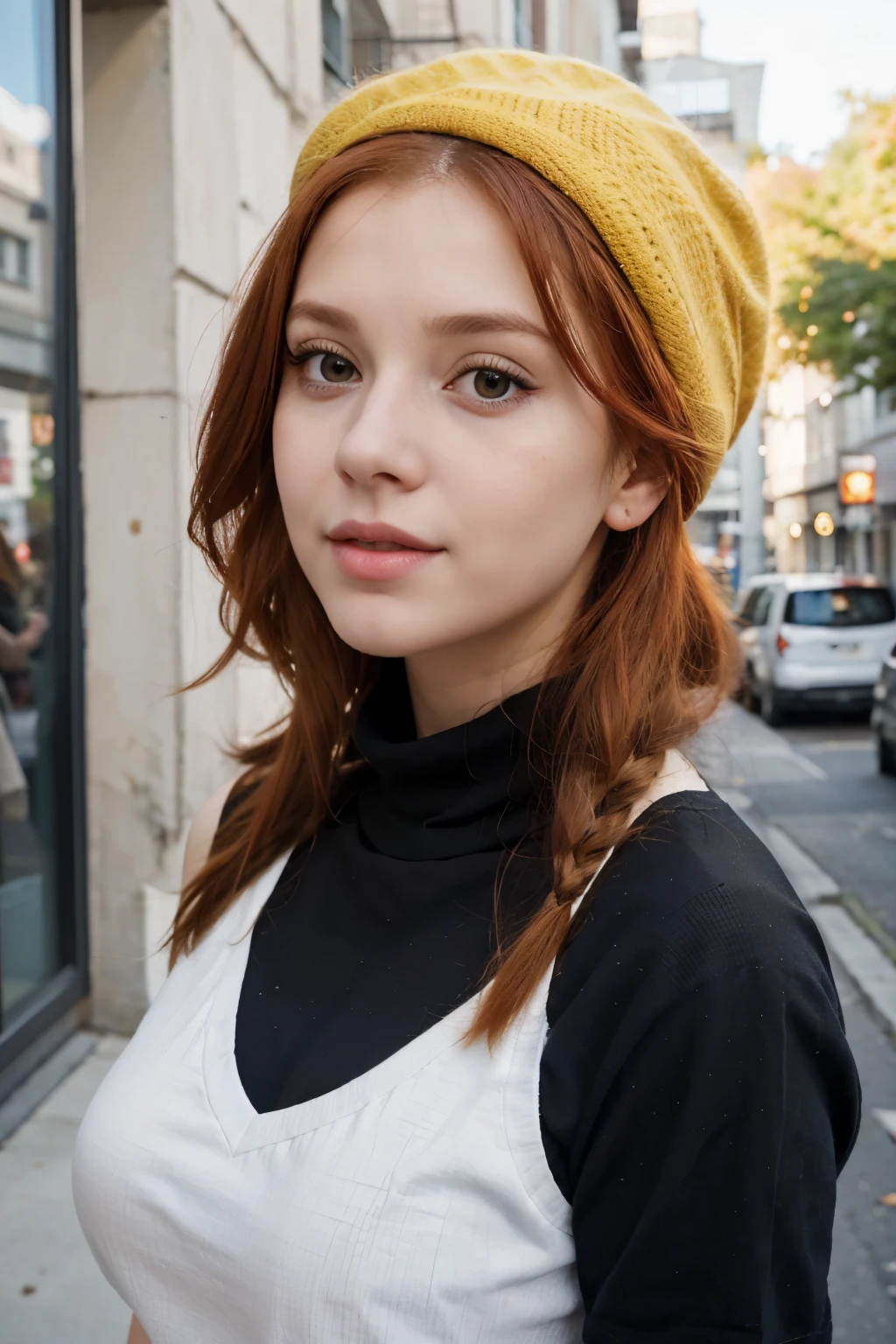 arafed woman with red hair and a black top and a yellow scarf, a portrait by Zofia Stryjenska, tumblr, op art, better known as amouranth, amouranth, wearing a french beret, young beautiful amouranth, an oversized beret, wearing a beret, cute young redhead girl, jovana rikalo