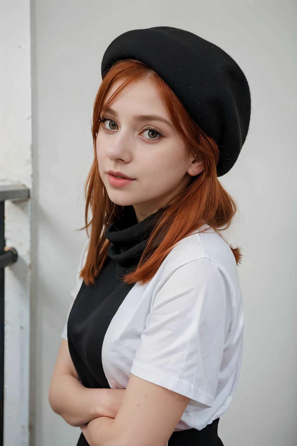 arafed woman with red hair and a black top and a yellow scarf, a portrait by Zofia Stryjenska, tumblr, op art, better known as amouranth, amouranth, wearing a french beret, young beautiful amouranth, an oversized beret, wearing a beret, cute young redhead girl, jovana rikalo