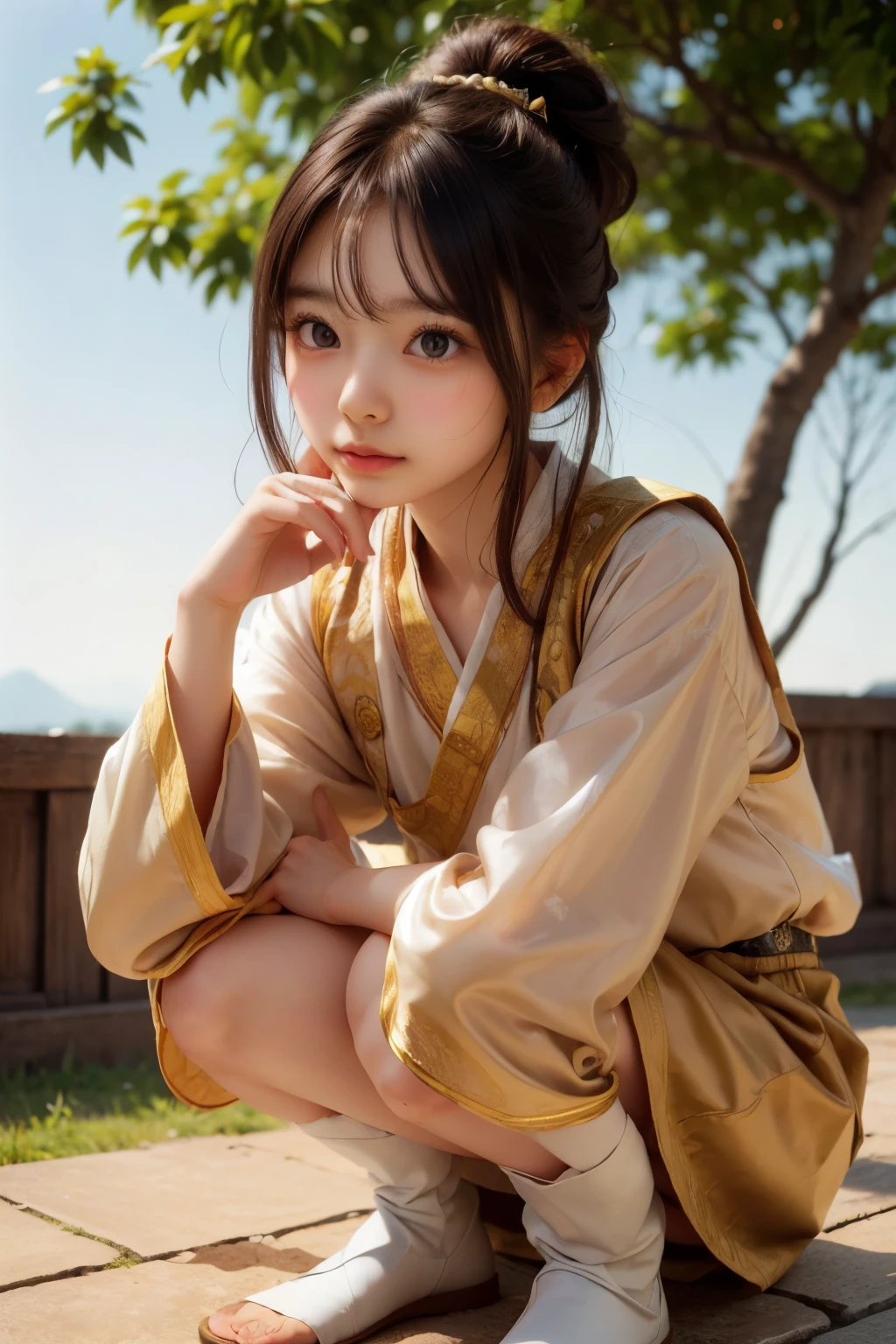((cute face,brown eye)),girl, ancient chinese costume, full body, sunlight, clear face, clean white background, masterpiece, super detailed, epic composition, ultra hd, high quality, very detailed, official art, uniform 8k wallpaper, super detailed, 32k