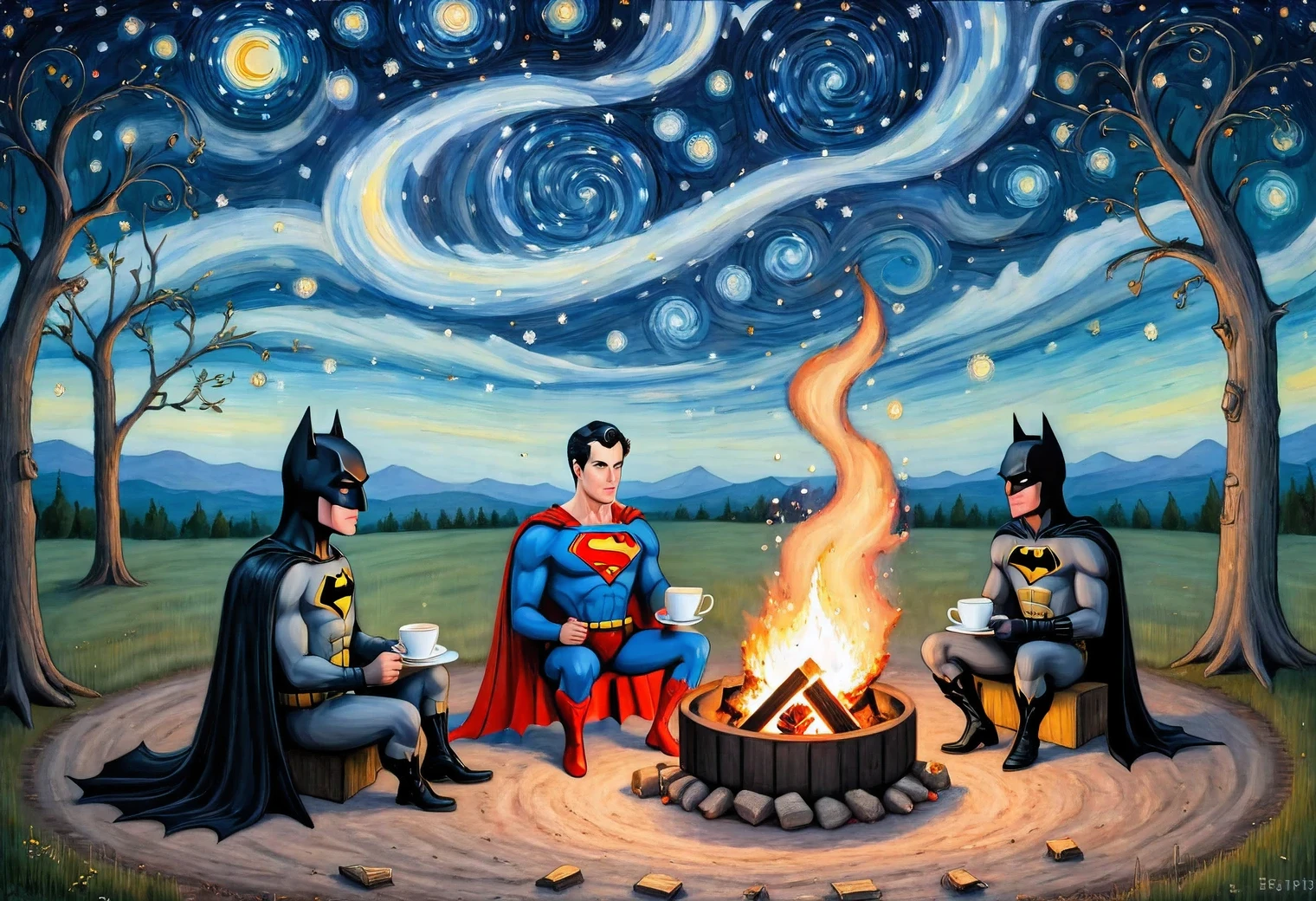 Superman and Batman sit at Campfire and drink coffee, starry night, realistic anime style, inspired by Edward Gorey, full correspondence with the style of Edward Gorey, Mark Ryden,