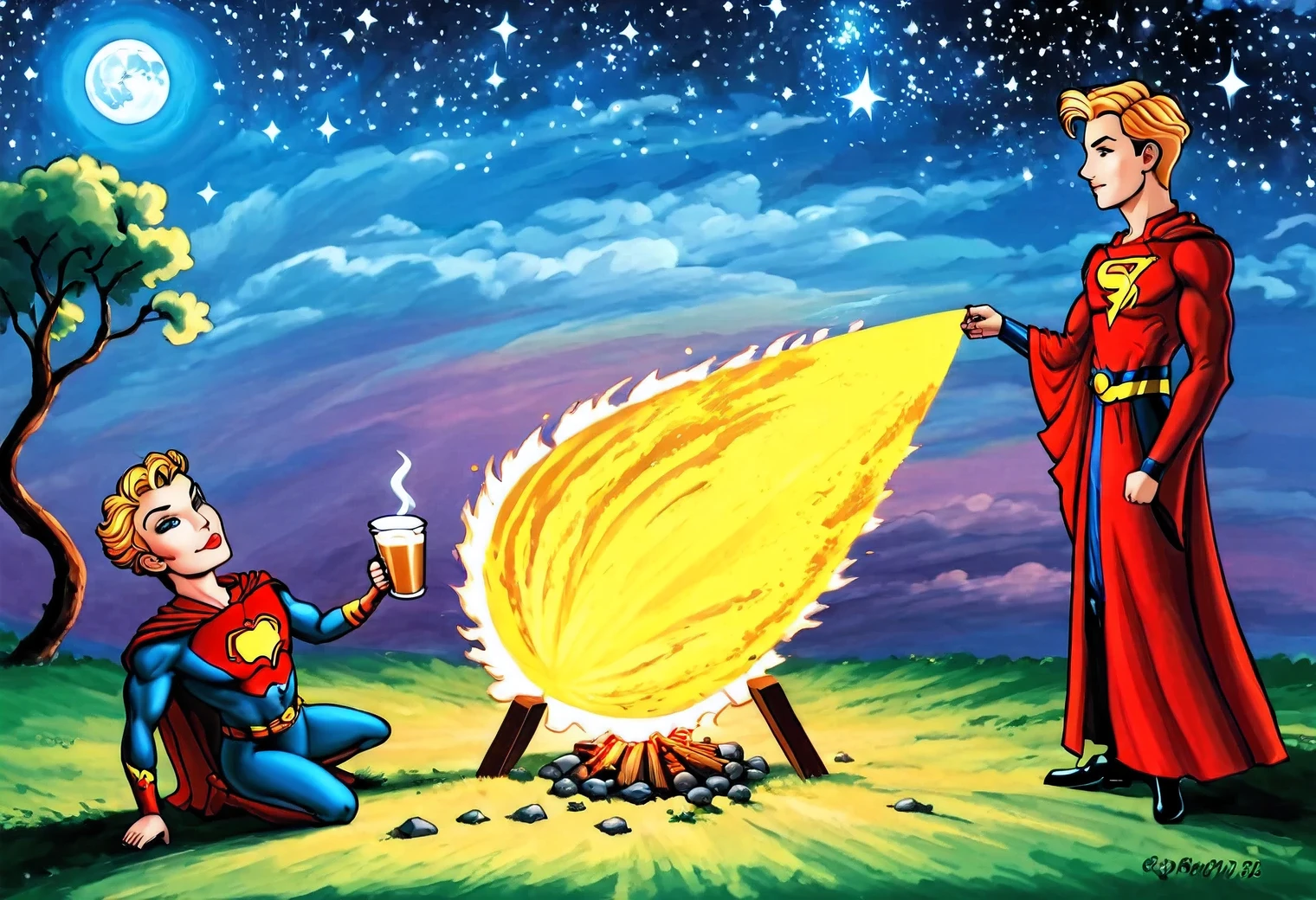 Sitting at Campfire (Superman, Batman, Flash, AquaMan, Wonder Women):1.3 and drinking coffee, starry night, realistic anime style, inspired by Edward Gorey, full compliance with the style of Edward Gorey, Mark Ryden,