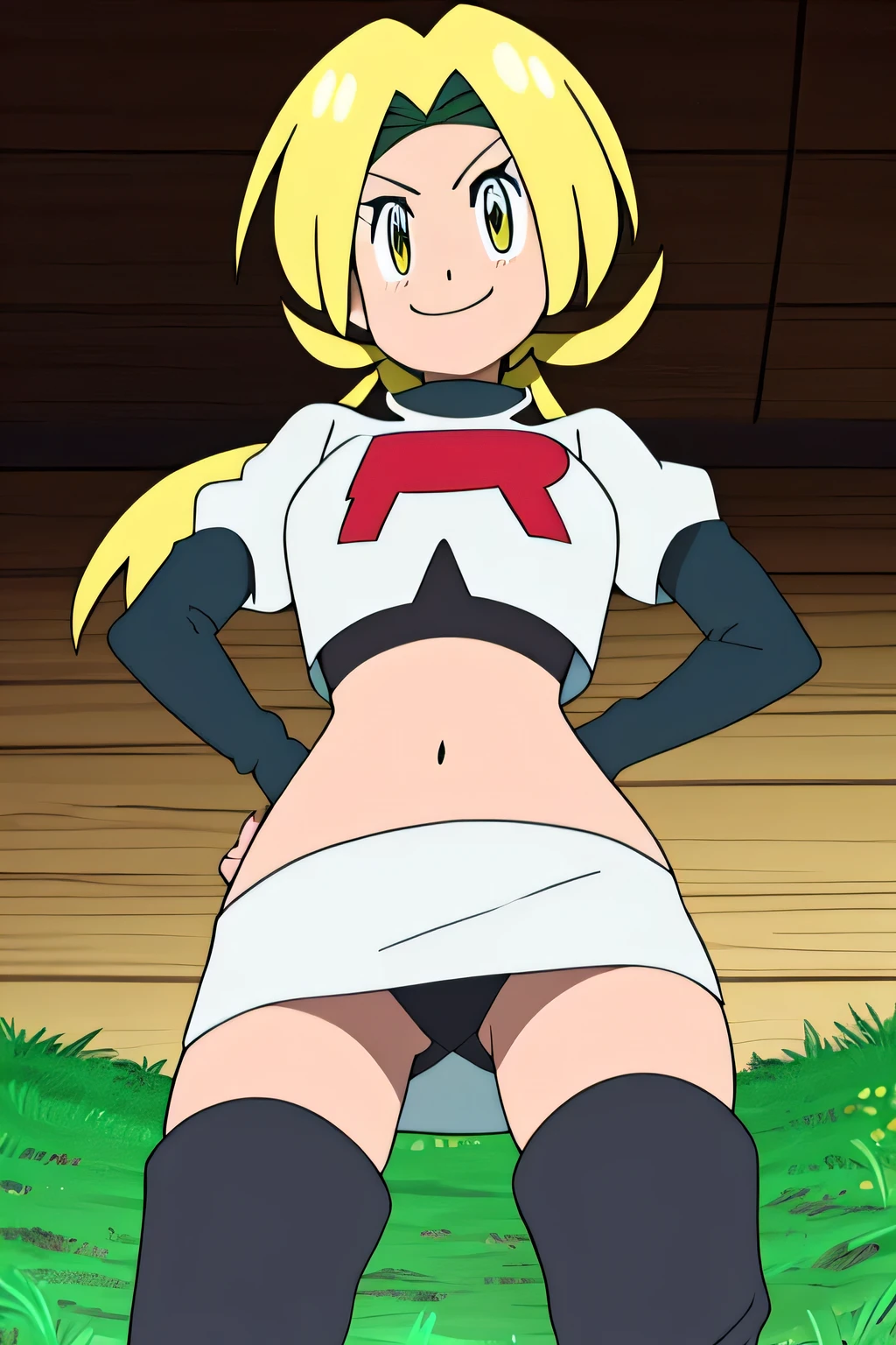masterpiece,best quality,high res,high quality,8k, masterpiece,highres, team rocket uniform, red letter r, white skirt,white crop top,black thigh-high boots, black elbow gloves, glaring angrily, looking down at viewer, hands on hips, cowboy shot, zettai ryouiki,spread legs,from below, black panties,anime style, vivid colors, sharp focus, intense lighting,
1girl in, (Solo:1.2), (Perfect body:1.1), (Best Quality:1.1), Cute Girl, Tsundere:1.1, (student clothes:1.4), (tiered layers skirt:1.2), very large breast, a blond, Long twintails, Black Ribbon Hair Fastening, Tsuriformes, sharp eye, Sanpaku eyes, (Seductive smile:1.5), Noble atmosphere, Fine-grained skin, (Choker with a heart gem:1.1), View of the valley, Navel Ejection, Raw feet, a belt on the thighhigh, Bright red eyes, Shining eyes, (NSFW:0.8), 8K, a belt on the thighhigh, Skinny Legs, School grounds with grass, full body seen, (Looking down here:1.2), (Loose socks:1.3), I don't have anything in my hands, No one around,