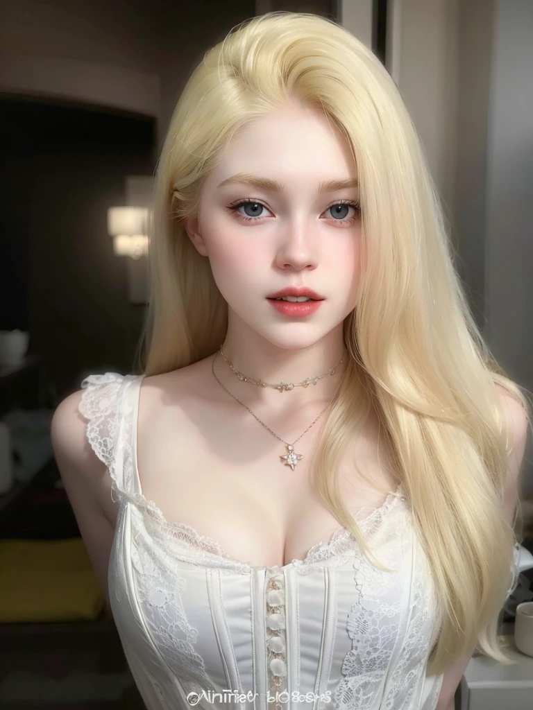 un gros plan d'une femme aux cheveux blonds portant une robe blanche, white skin and pale porcelain, albinos, white and pale skin, fair and pale skin!!, very very pale blonde hair, extremely pale blonde hair, pale skin ivoire, very very Pale white skin, pale skin en porcelaine, very very very Pale white skin, very very Pale white skin, pale skin, curly blonde hair, Pale white skin