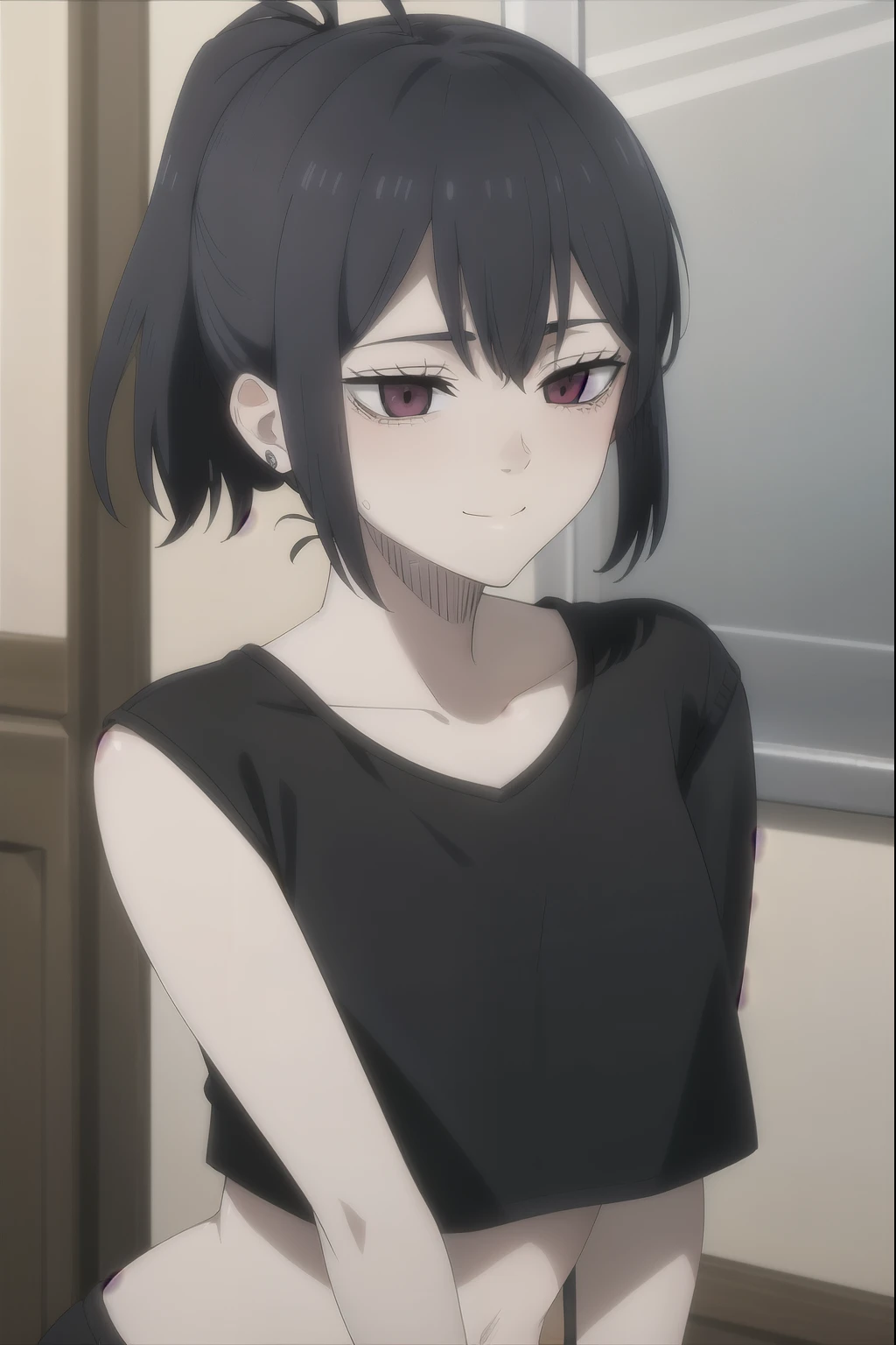Secre swallotail, black hair,ponytail, blushing smile,