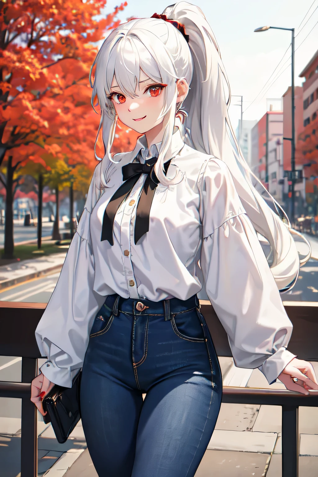 1girl,20y.o,blouse and shirt jeans,white hair,long hair,ponytail hairstyle, red eyes,park background, happy expression
