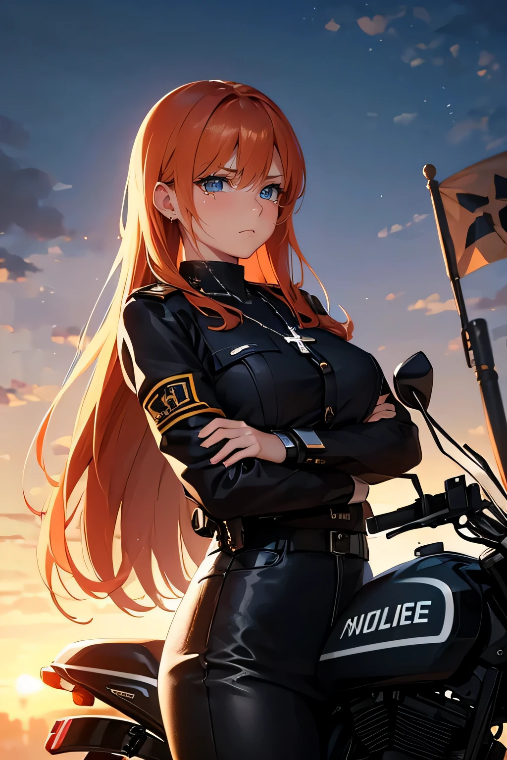 Ginger hair, long hair, straight bangs, police officer, police uniform, woman, illustrations, high-quality, ultra-detailed, realistic, vivid colors, portraits, warm tones, soft lighting. ((Necklace with a cross)). Woman. (police motorcycle) (On police motorcycle) (Sad expression) (tears) (Posing as a model)((Dynamic pose))