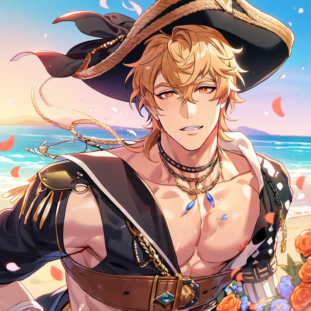 absurdres, highres, ultra detailed, HDR, master piece, best quality, Quincy, blond messy hair, expressive orange eyes, Nu Carnival, solo, sexy man, handsome, horny, lewd, black hat, fantasy black pirate clothes, accessories, showing the chest, beach, sea, petals, flowers
