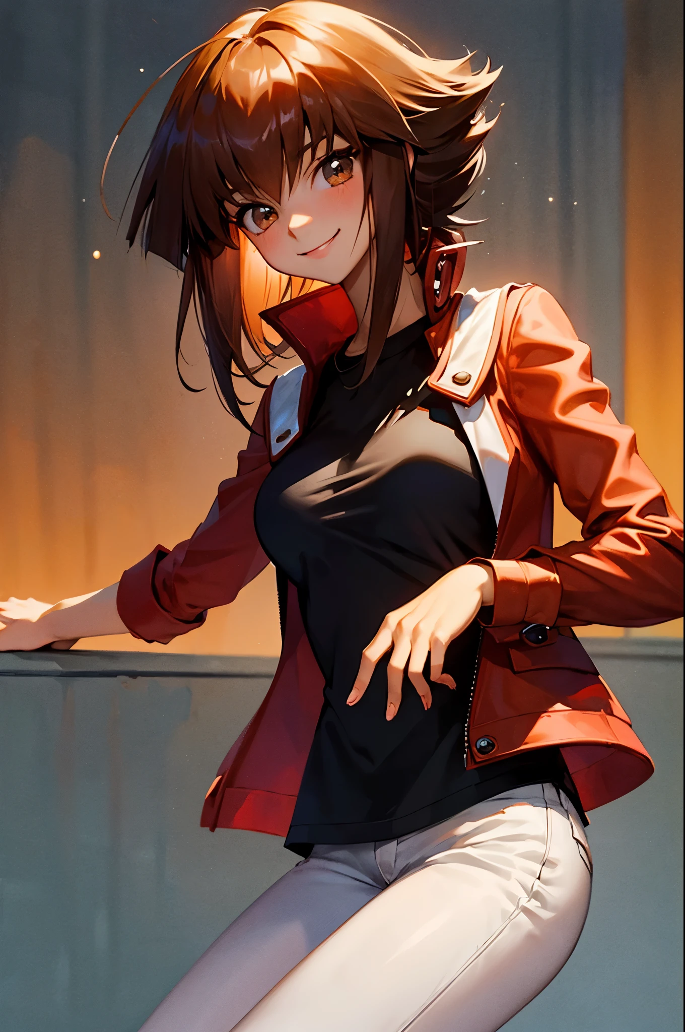 Yuuki Judai, 1girl,(female:1.5), Brown hair, Solo, Red jacket, Bangs, Black shirt, Open jacket, hair between eye, Long hair, Smile, White pants, red footwear,Duel Academy Uniforms (Yu-Gi-Oh! nffsw),
(Close Shot, Best Quality, hight resolution, 4K, Detailed Lighting, Shaders), 
Smile,
Looking at Viewer, Cowboy Shot,
