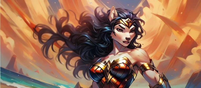 Female wolf with wonder woman armor, background beach coast