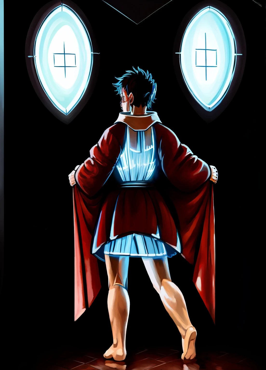 A handsome young priest looks up while weeping toward the cross ✝️. He has some demonic features about him. wearing a blue glowing raincoat. He has one eye crying, against a solid black background, oil painting, up view, Full body, dynamic demon, in a style of Ghibli from the 90s