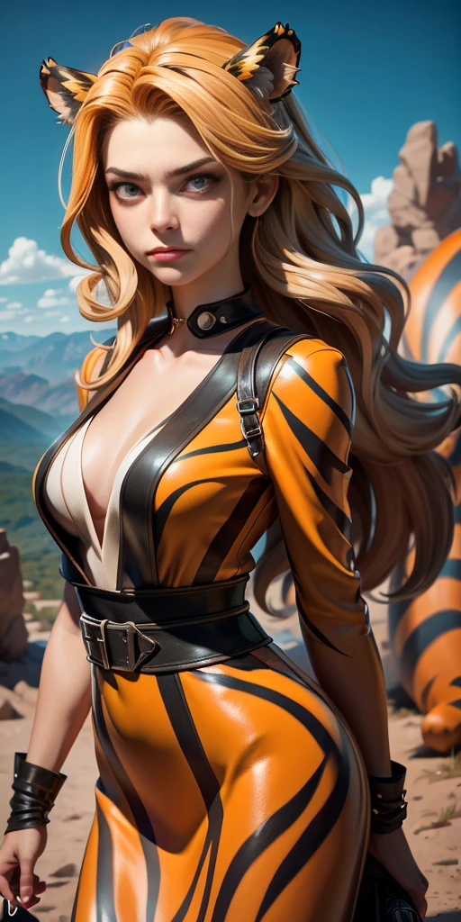 She is a tiger beastman、Yellow and beautiful skin、Yellow eyes、Flashy clothes、