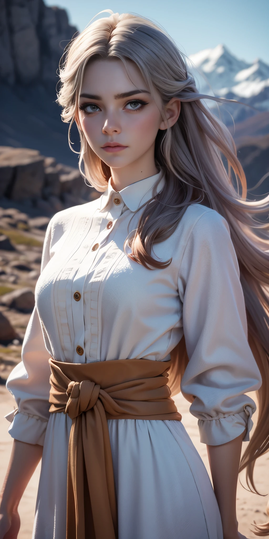 [Retrato de cuerpo entero] [cabello largo y rizado rojo, ojos azules, cara hermosa] [Nordic fashion model aged 18-23] [vestido como un estilo vikingo de guerreros] [Bored expression on face] [Photo taken in a mountainous and spring landscape] [type of illumination: natural  lighting], extremadamente realista, 8k, detalles locos, detalles intrincados, bellamente graduado de color, Color Grading, Cinematographer editorial, Cinematographer, bokeh, tomada con una lente de 60 mm, ISO 300, f / 4, 1/200th