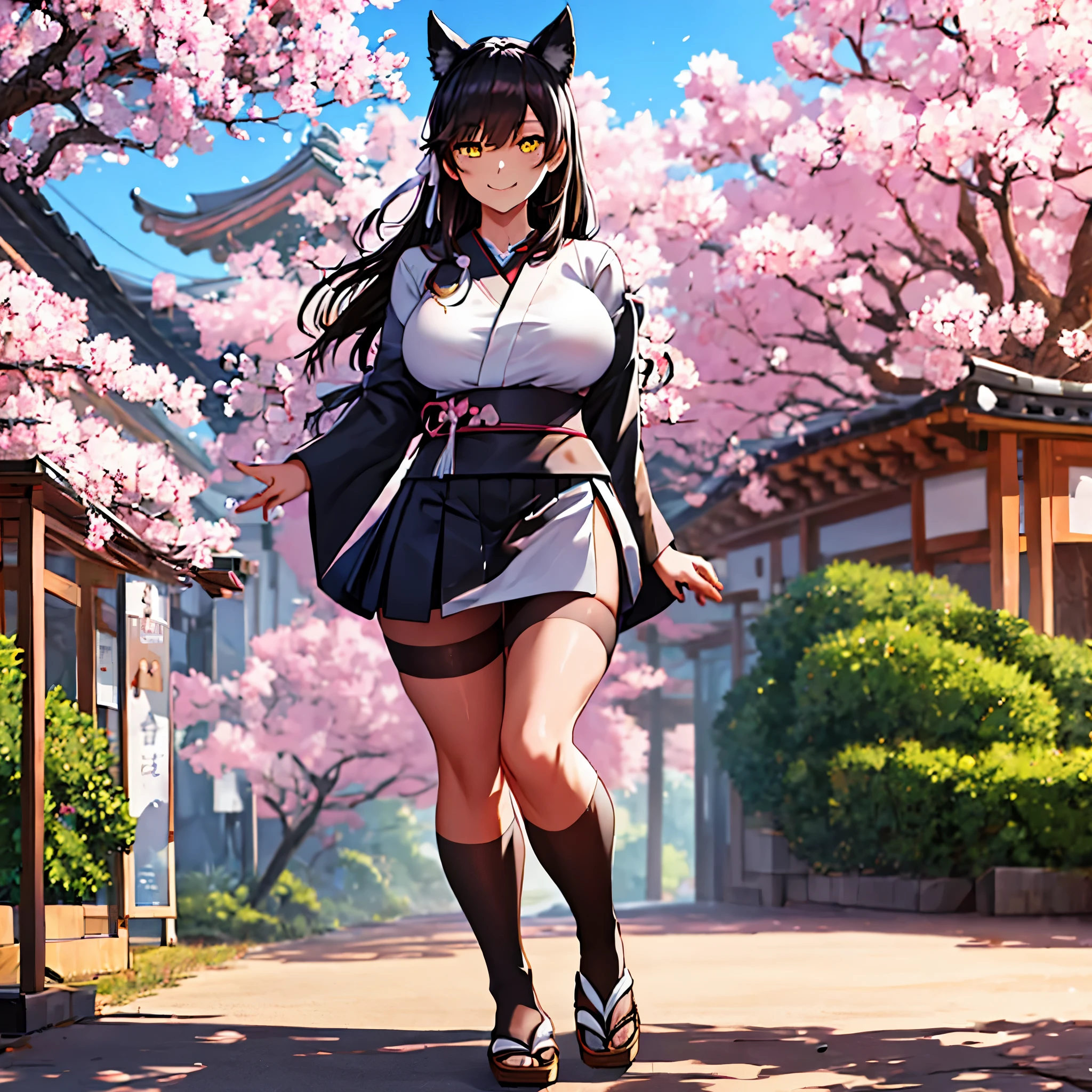 A woman wearing a Japanese navy , short black skirt, thick brown tights, black hair, neko ears, yellow eyes, smiling, big breasts, full body, walking outside a Japanese school with sakura trees HDR, ultra resolution, well defined, masterpiece, 8K HD (woman solo )
