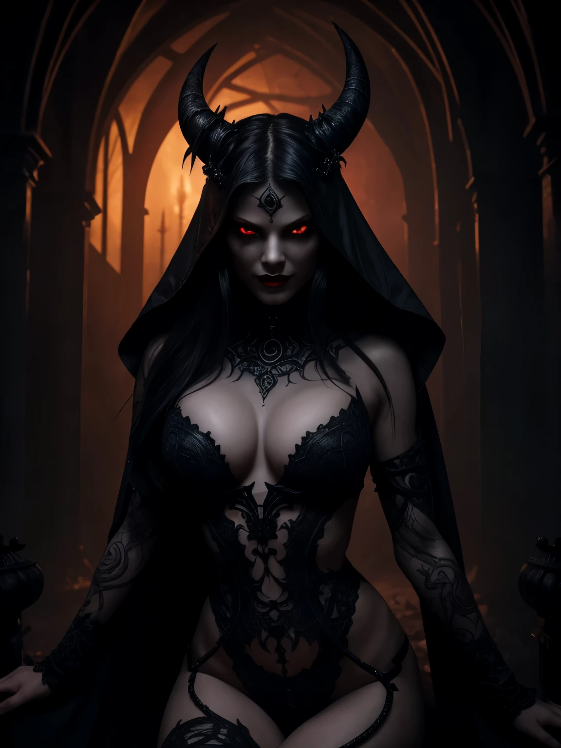 In the depths of the infernal realm, amidst a labyrinthine maze of twisting corridors and shadowed alcoves, the demoness of lust and desire holds court in her dark domain. Her form is shrouded in billowing veils of smoldering crimson, concealing the contours of her infernal physique while hinting at the forbidden delights that lie beneath.
From her pale, ashen skin, sinuous patterns of obsidian ink writhe and coil, tracing intricate sigils and symbols of ancient power. Each tattoo pulses with a malevolent energy, casting eerie shadows upon the chamber walls as they dance in time with the demoness's wicked desires.
Her eyes, twin orbs of molten gold, burn with a hunger that is both seductive and terrifying, their gaze piercing through the darkness with an intensity that sends shivers down the spine. Horns protrude from her brow, twisted and gnarled like the branches of a cursed tree, while a crown of jagged obsidian adorns her raven-black hair.
Around her, the air is thick with the scent of dark incense and forbidden spices, mingling with the acrid tang of brimstone and decay. Strange artifacts and relics of unspeakable power litter the chamber, their surfaces shimmering with an otherworldly luminescence that casts eerie shadows upon the demoness's form.
As she reclines upon her throne of twisted bone and charred flesh, a wicked smile curls upon her blood-red lips, revealing rows of razor-sharp teeth that glint in the dim light. It's a scene of dark enchantment and diabolical seduction, where the boundaries between pleasure and pain blur and the very essence of desire hangs heavy in the air.