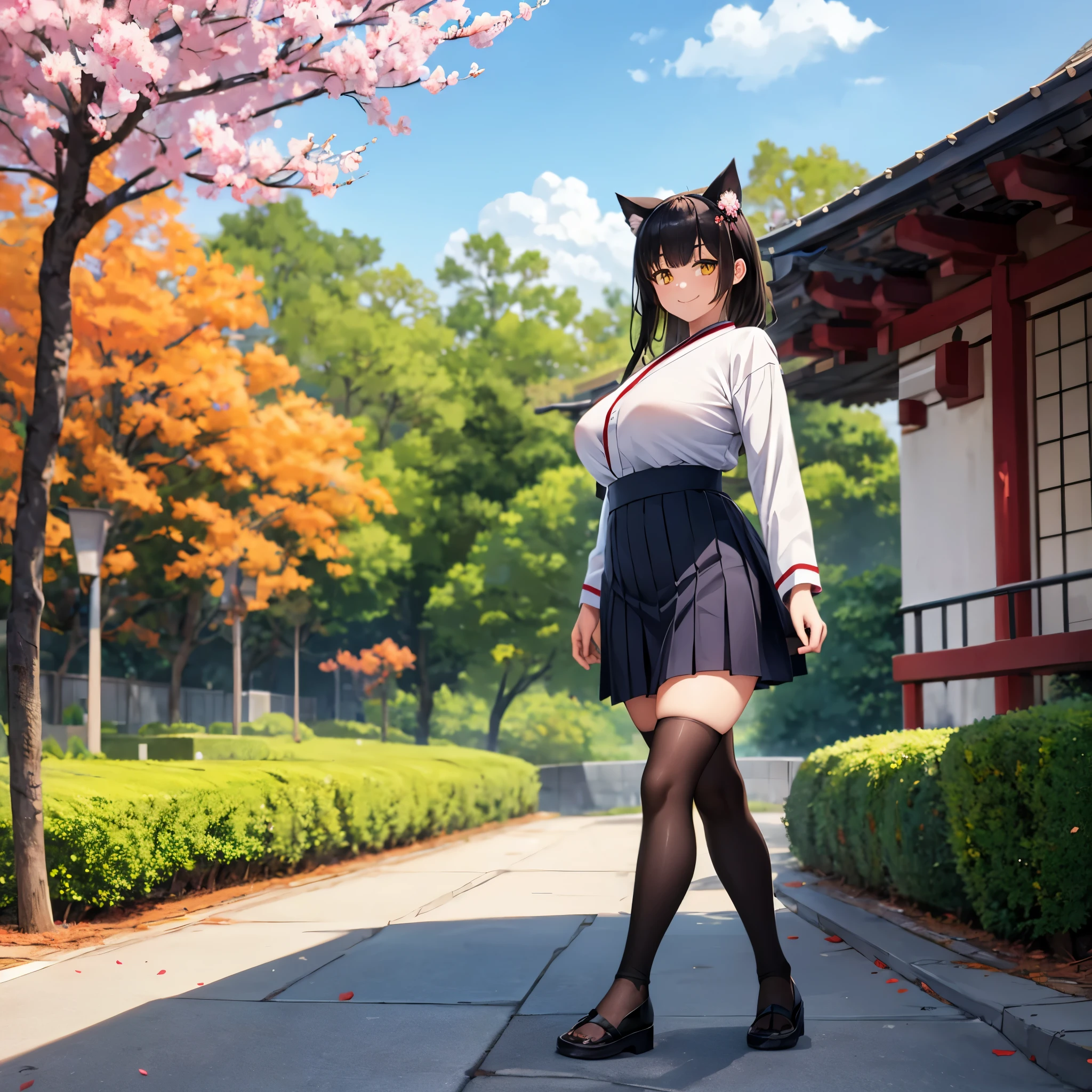 A woman wearing a Japanese navy , short black skirt, thick brown tights, black hair, neko ears, yellow eyes, smiling, big breasts, full body, walking outside a Japanese school with sakura trees HDR, ultra resolution, well defined, masterpiece, 8K HD (woman solo )
