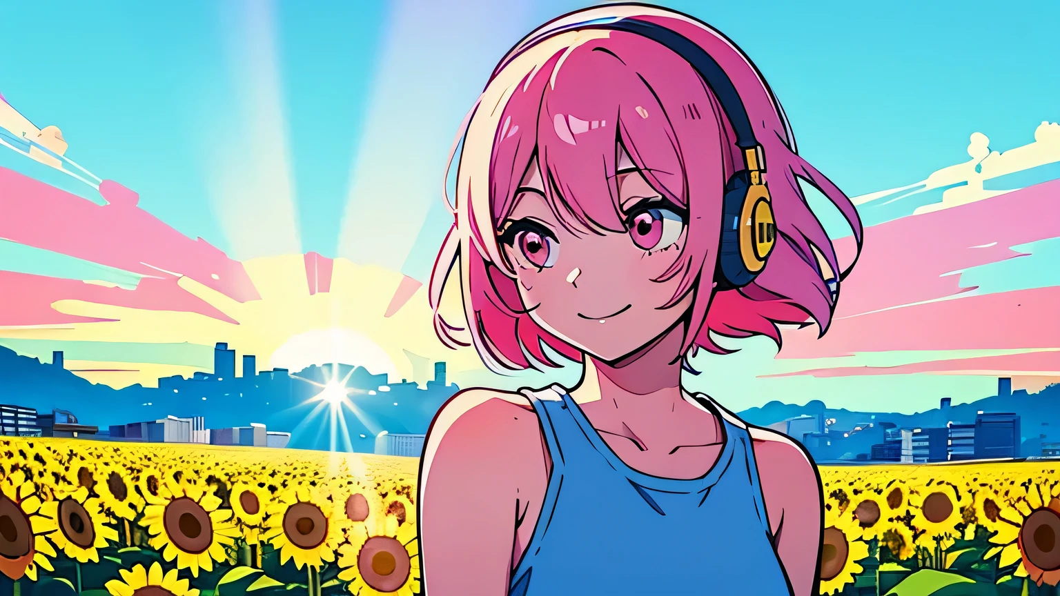 City Pop style, girl, Pink Hair, shoulder length, alone, wearing headphones, look up, smile, Standing in the middle of a sunflower field, sunny day