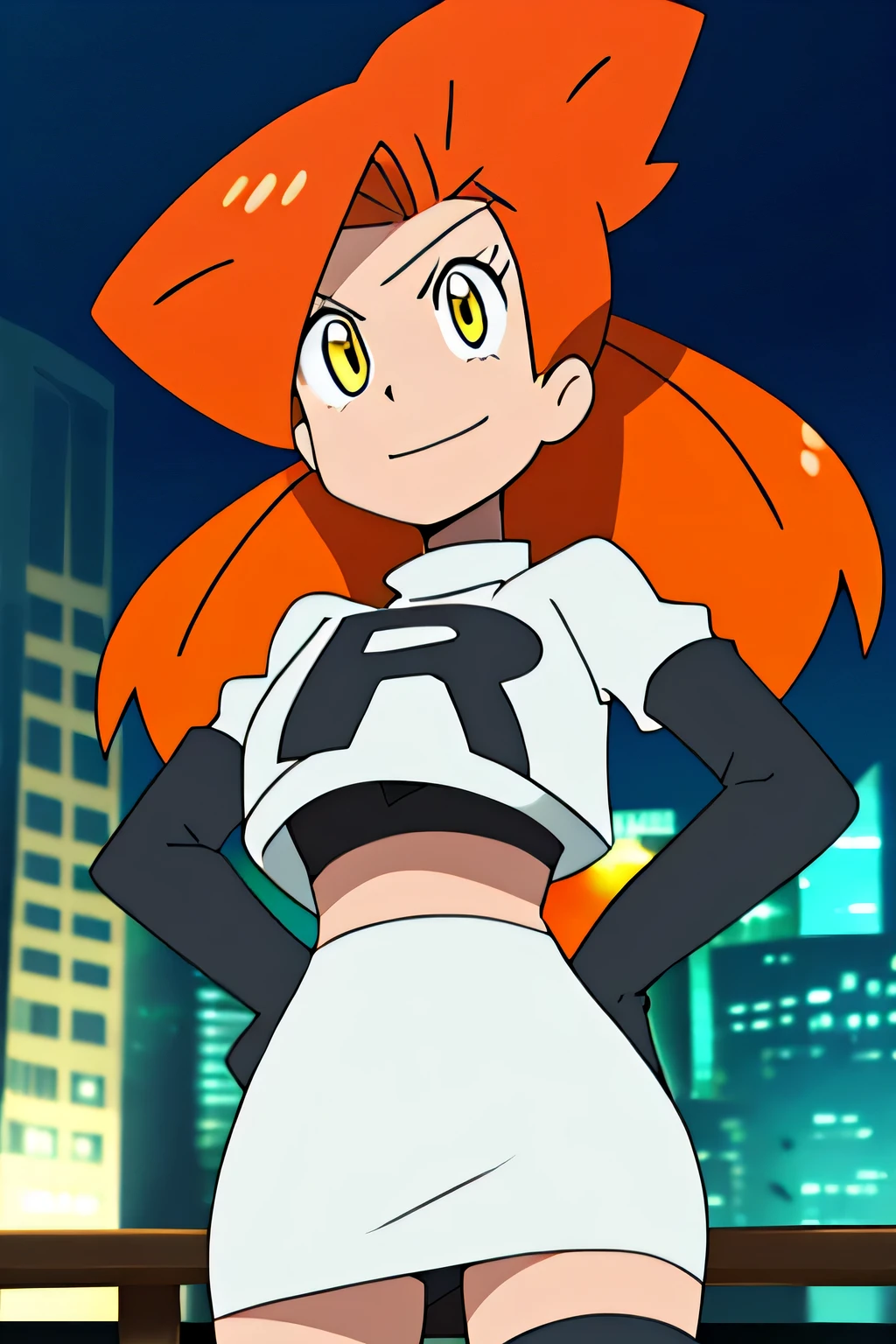 (1girl in:1.2), (Solo:1.2) , Brilliant Textured Work, top-quality, , , , 10 year old, black crop top tee, orange miniskirt, black spiky boots, black spiky wristbands, spiky choker, orange hair, short hair, wavy hair, (violet eyes:1.1), shiny hair, evil smile, standing, contrapposto, hand on hip, Evil Female Executive, villainess, Evil Fall, darkness, Downtown at night, Concrete roads, large breasts, (empty eyes:1.5), (Forcibly fitted gem:1.2), corrupted gem , eyeball gem, (cracked gem:1.2), curse seal, (parasite eroded gem:1.1), Heart-shaped tattoo on the lower abdomen, eroded, bat wings, open mouth, large fang, full moon,team rocket uniform, red letter r, white skirt,white crop top,black thigh-high boots, black elbow gloves, evil smile, looking at viewer, hands on hips