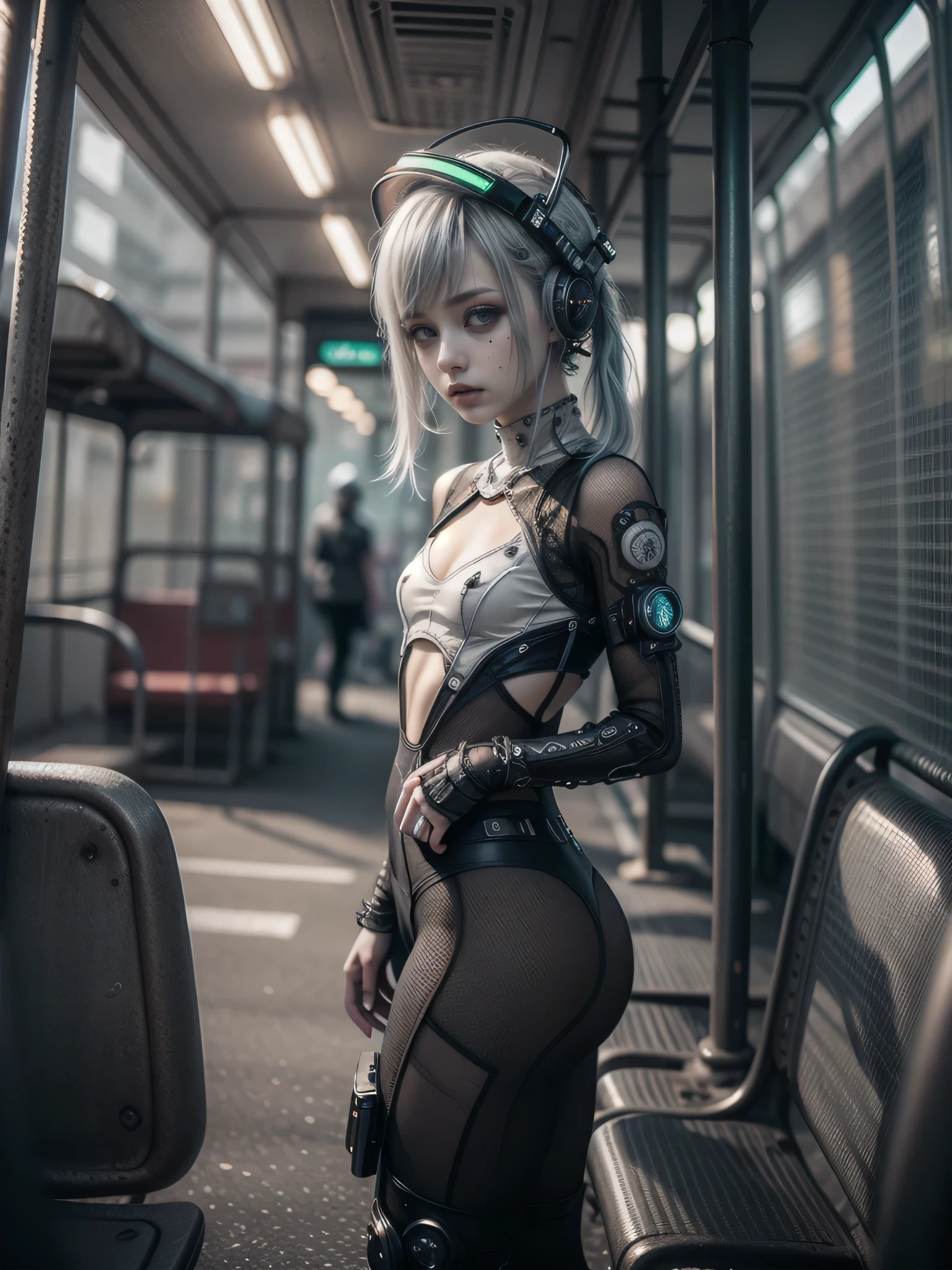 (Whole body in view)1girl, innocent, alone, ((waiting a bus:1.5)), (view_from_front:1.5), (instagram yanakryukova), (seductive_facial_expression:1.4), sweety, cute, kawaii, perfect face, galactic_young_princess, ((little breasts, flat_chested, small chest:1.6)), ((little nipples, natural nipples)), top model figure, (skinny), (perfect little ass, round ass, long legs, slim legs), pale skin, soft skin, caucasian teenager, slender girl, natural make-up on eyes only, perfecteyes, black_eyes, (innocent_looking:1.4), oval jaw, freckles, natural_beauty, (white hair, bright pink hair, dreadlocked pigtails, long bangs, drill hair), ((she is wearing a transparent lace bodysuit,  print cotton leggings, white transparent lace hoodie, lace collarbone, cleavage cutout, cameltoe, and techwear high boots)), ((wearing an intricate detailed techwear white outfit)), ((cute neon head accesories:1.6)), punk_hair_ornaments, pastel_goth, punk, fantasy_princess, necklace, earring, cute 18 years old girl, skinny young girl, white theme, (bokeh, depth of field, blurry background, light particles, fog), ((detailed sci-fi cyberpunk bus stop background:1.6)), ((real life, realistic, profesional photography, photo_realistic, hyper_realism, ultra-detailed)), photography by Tim Walker, Tim Walker masterpiece, best_quality, 8K, soft tones, pastel tones, low saturation, (contrast:0.3), muted colors, cold light, neon, Ex_Machina_movie, studio light