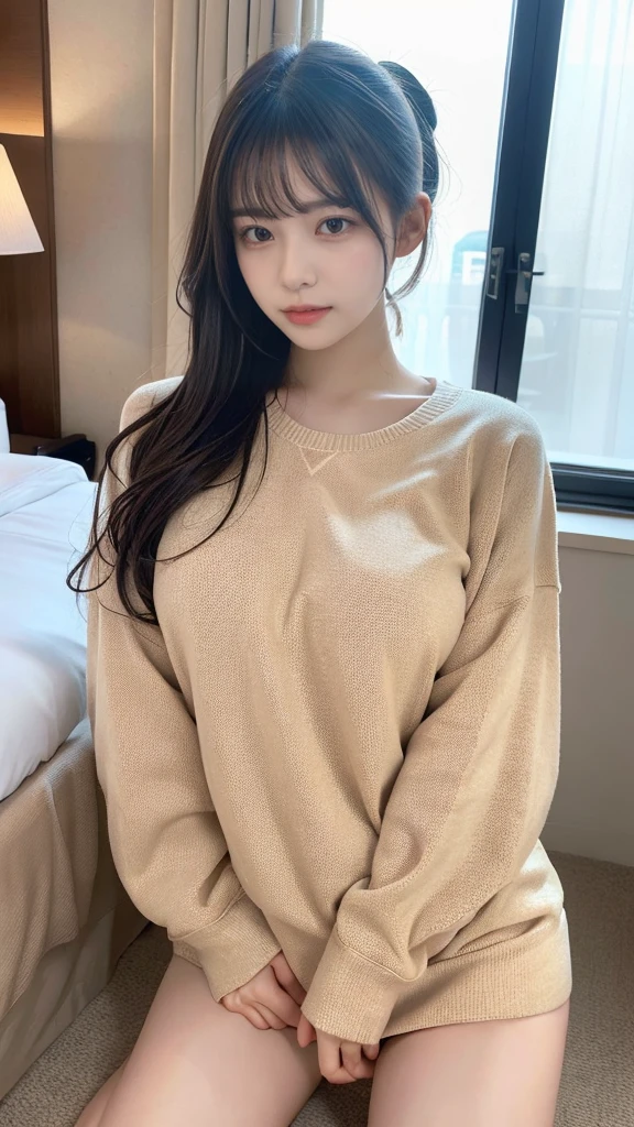 muste piece, best quality, illustration, Super detailed, fine details, High resolution, 8K,wall paper, perfect dynamic composition,(Details High quality, realistic depiction of eyes:1.3), (Fashionable、Beige oversized sweatshirt、long-sleeve), Lying down, ponytail, black hair color, Big Natural Color Lip, bold sexy pose, crying a little、cold gaze, Harajuku style、20 year old girl、cute type、lolita、beautiful legs, hotel room, hposing Gravure Idol, Voluptuous thighs