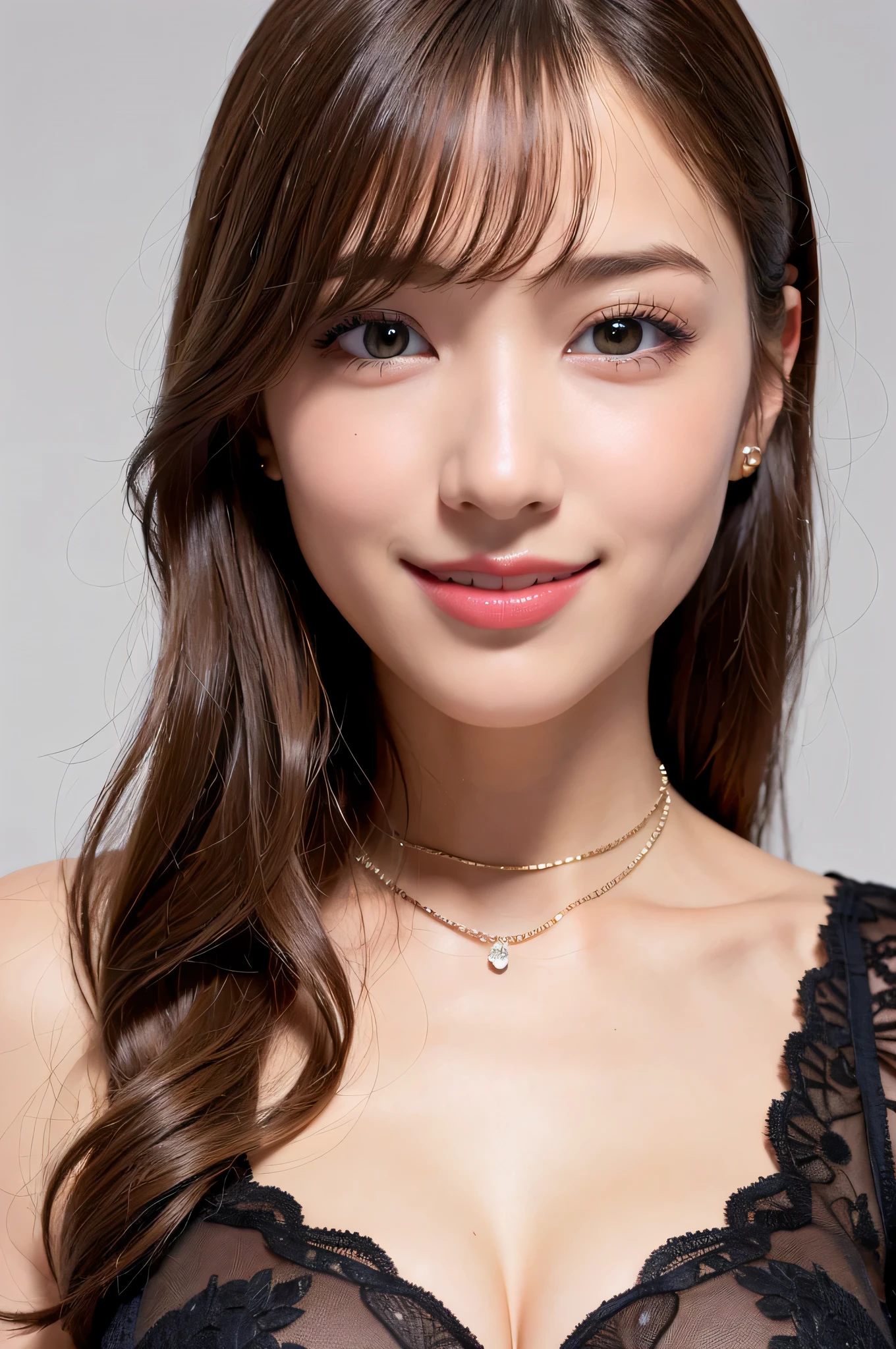 masterpiece, top quality, best quality, realistic, unity, 8k wallpaper, official art, extremely detailed CG unity 8k wallpaper, (original:1.2), (realistic: 1.4), ultra detail, high resolution, ultra detailed,amazing, fine detail, cinematic lighting,
(1girl:1.4 ), (brown|black hair:1.4), (short cut hair:1.4), (realistic skin:1.2), (light brown skin:1.2),(large breasts), beautiful girl with beautiful) etails, extremely detailed eyes and face, eyes with beautiful details,huge file size, ultra detailed and beautiful, blushing, ashamed,(smile:1.4), black eyes, model shoot tyle, full body shoot, (random color lace underwear), earings, chain necklace,