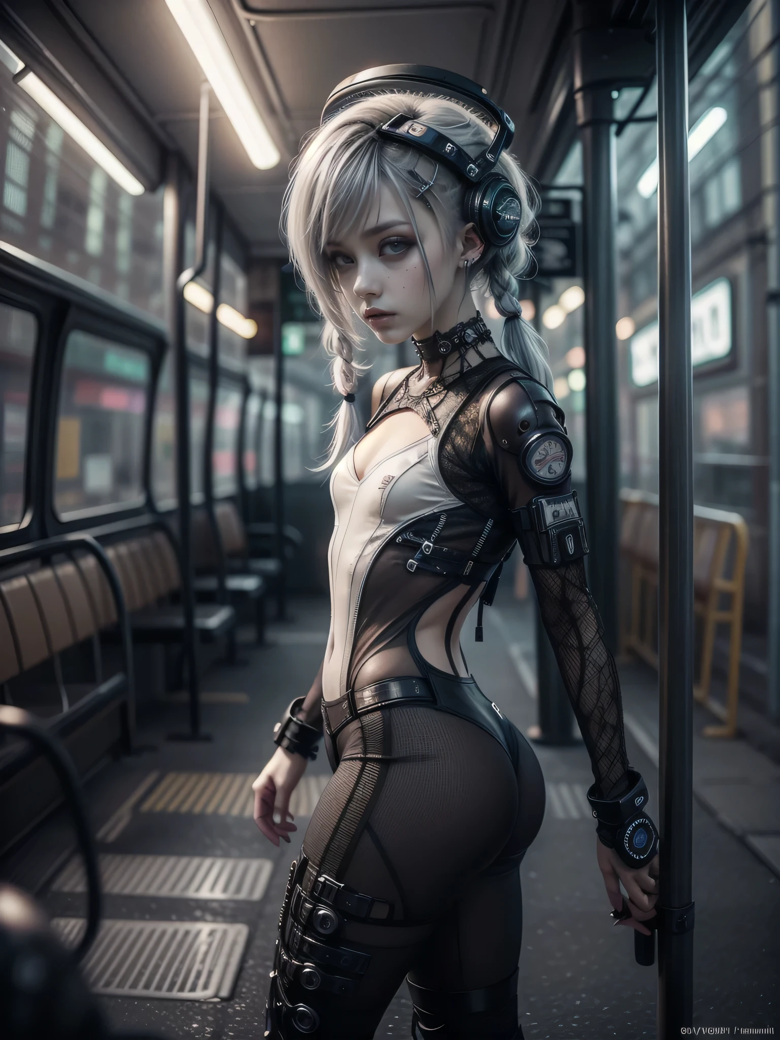 (Whole body in view)1girl, innocent, alone, ((waiting a bus:1.5)), (view_from_front:1.5), (instagram yanakryukova), (seductive_facial_expression:1.4), sweety, cute, kawaii, perfect face, galactic_young_princess, ((little breasts, flat_chested, small chest:1.6)), ((little nipples, natural nipples)), top model figure, (skinny), (perfect little ass, round ass, long legs, slim legs), pale skin, soft skin, caucasian teenager, slender girl, natural make-up on eyes only, perfecteyes, black_eyes, (innocent_looking:1.4), oval jaw, freckles, natural_beauty, (white hair, bright pink hair, dreadlocked pigtails, long bangs, drill hair), ((she is wearing a transparent lace bodysuit,  print cotton leggings, white transparent lace hoodie, lace collarbone, cleavage cutout, cameltoe, and techwear high boots)), ((wearing an intricate detailed techwear white outfit)), ((cute neon head accesories:1.6)), punk_hair_ornaments, pastel_goth, punk, fantasy_princess, necklace, earring, cute 18 years old girl, skinny young girl, white theme, (bokeh, depth of field, blurry background, light particles, fog), ((detailed sci-fi cyberpunk bus stop background:1.6)), ((real life, realistic, profesional photography, photo_realistic, hyper_realism, ultra-detailed)), photography by Tim Walker, Tim Walker masterpiece, best_quality, 8K, soft tones, pastel tones, low saturation, (contrast:0.3), muted colors, cold light, neon, Ex_Machina_movie, studio light