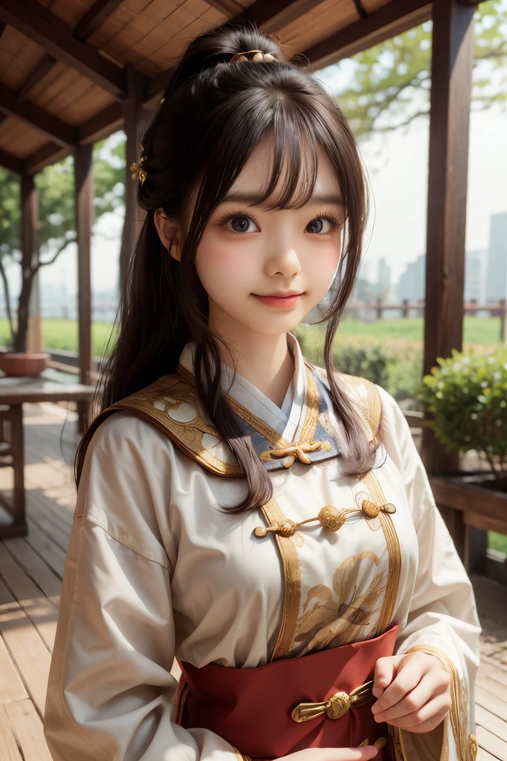 girl, ancient chinese costume, whole body, sunlight, Clear Face, Clean white background, masterpiece, Super Detail, A magnificent composition, Ultra HD, high quality, Very detailed, Official Art, Uniform 8k wallpaper, Super Detail, 32k, smile