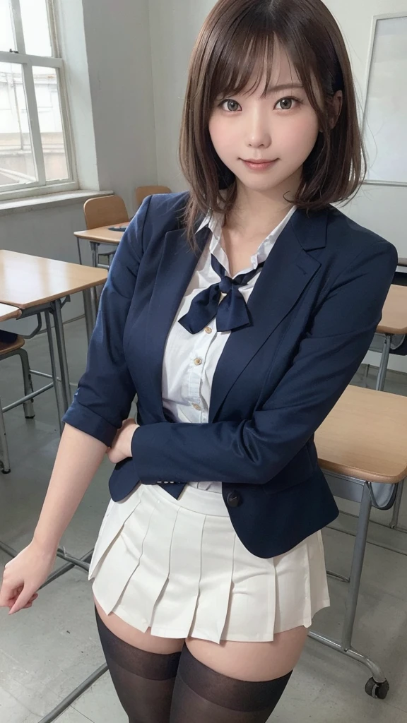 (highest quality,masterpiece:1.3,Ultra-high resolution),(Very detailed,Caustics,8K),(Realistic:1.4,RAW shooting),Front shot,classroom,Chairに座る女の子,forward leaning posture,mechanical,Chair,18-year-old,cute,Short black hair,Smiling and looking at camera,Navy blue blazer uniform,ribbon,White blouse,Navy Pleated Skirt,black tights,Thigh Focus,Thigh close-up,Low position,Low - Angle,Cowboy Shot,Natural light