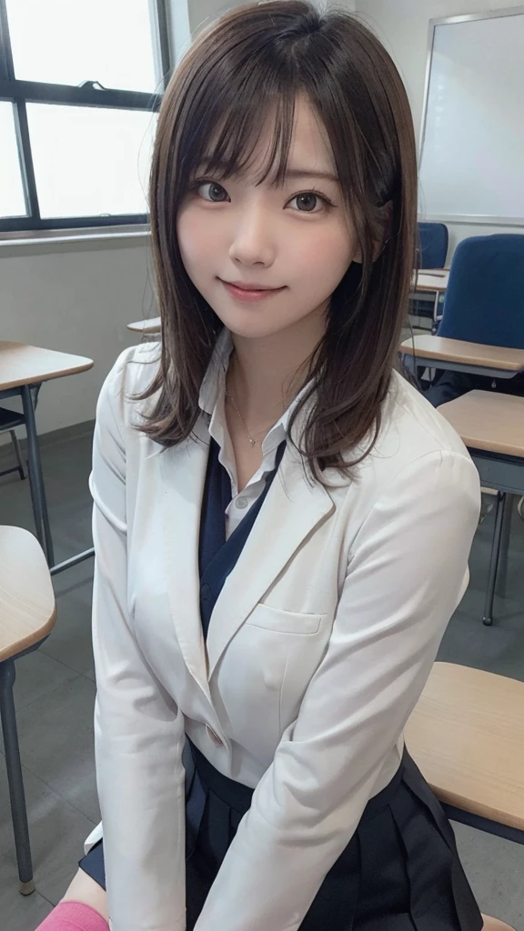 (highest quality,masterpiece:1.3,Ultra-high resolution),(Very detailed,Caustics,8K),(Realistic:1.4,RAW shooting),Front shot,classroom,Chairに座る女の子,forward leaning posture,mechanical,Chair,18-year-old,cute,Short black hair,Smiling and looking at camera,Navy blue blazer uniform,ribbon,White blouse,Navy Pleated Skirt,black tights,Thigh Focus,Thigh close-up,Low position,Low - Angle,Cowboy Shot,Natural light