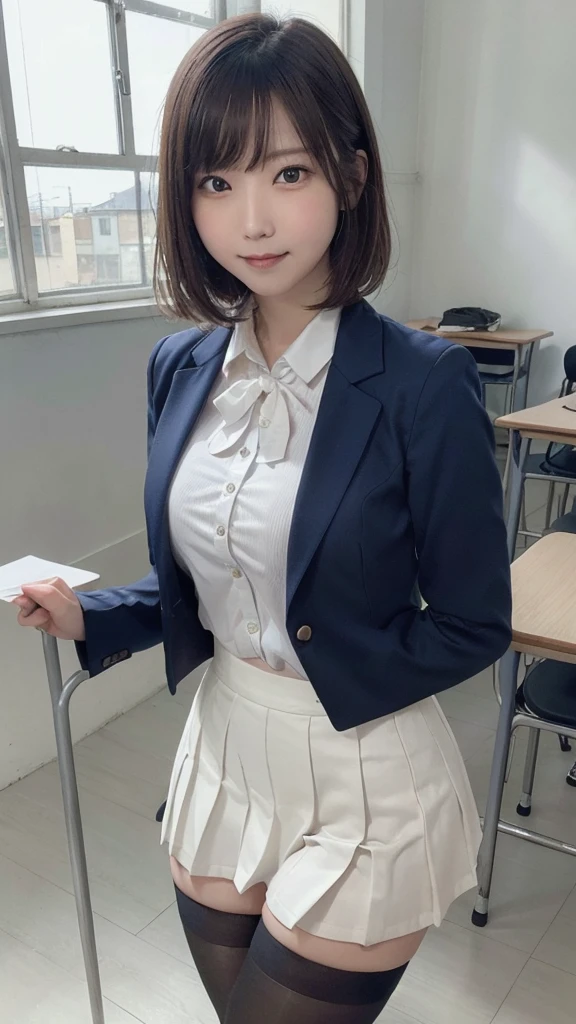 masterpiece, best quality, illustration, Super detailed, fine details, High resolution, 8K,wall paper, perfect dynamic composition,(Details High quality, realistic depiction of eyes:1.3), from side, High School Classroom、High school girl uniform、blazer 、Super Short Check Uniform Skirt、Navy blue high socks、garterbelts、Colossal tits、Disturbed uniform,  short bob hair, black hair color, huge breasts, Big Natural Color Lip, bold sexy pose, (perfect body shape), crying a little、Harajuku style、20 year old girl、 beautiful legs, hposing Gravure Idol, Voluptuous thighs