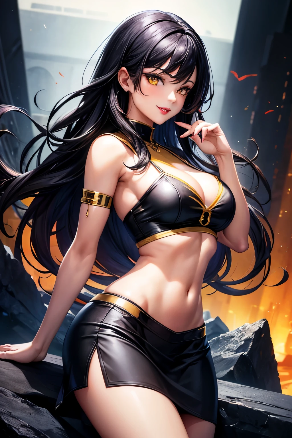Masterpiece, full hd, high quality, super detail, woman, 30 years, perfect body, medium breasts, red lips, seductive smile, passionate look, yellow eyes, black hair, blue crio top, black skirt, tattu, 2d background, social media composition, seductive posture, from side