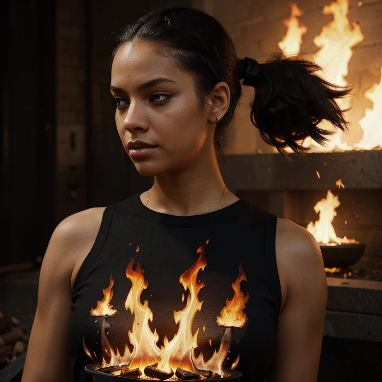 a girl's sloppy appearance mulatto with ponytail black hair, fire, black T-shirt, flames, elegant, digital painting, concept art, sharp focus, illustration