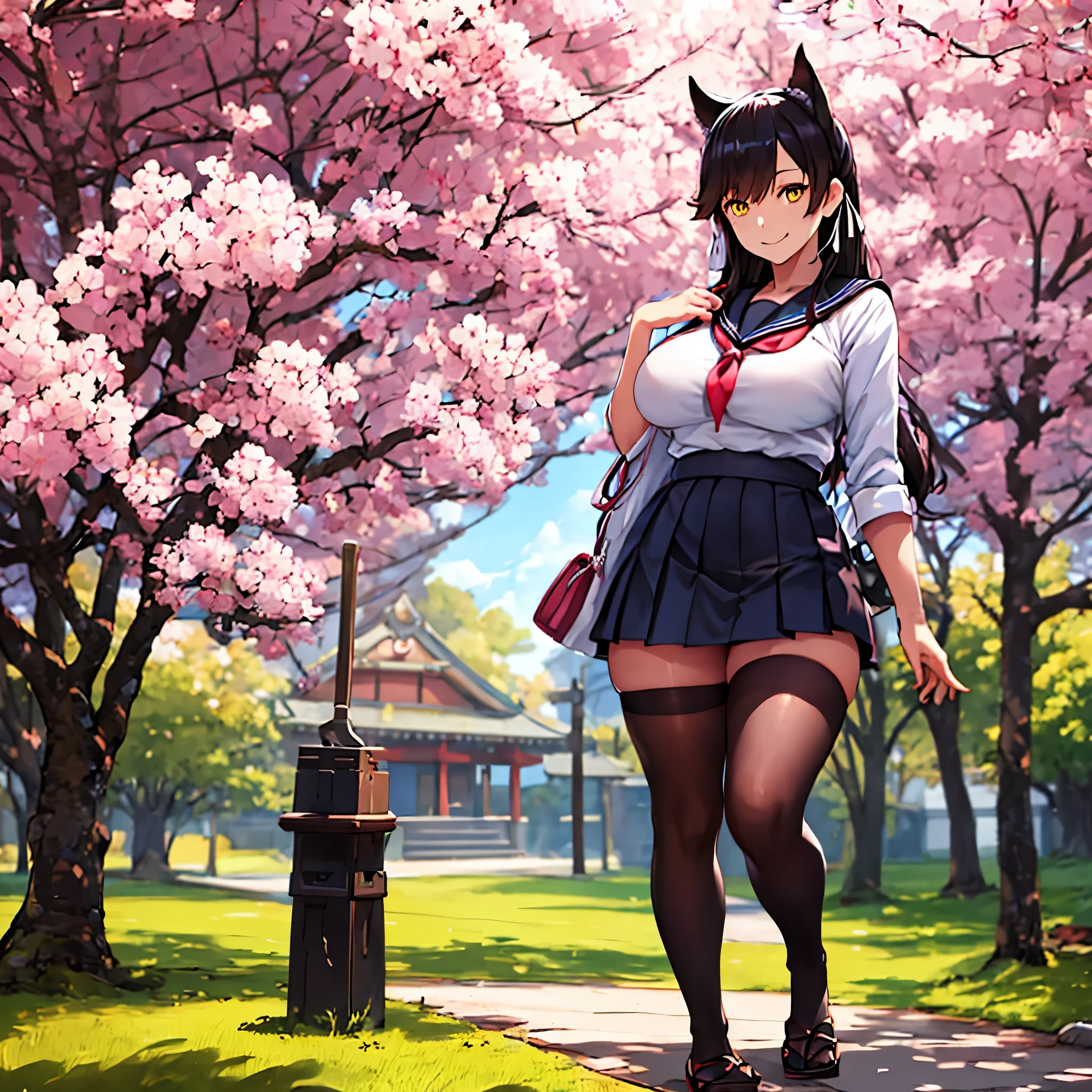 A woman wearing a Japanese navy , short black skirt, thick brown tights, black hair, neko ears, yellow eyes, smiling, big breasts, full body, walking outside a Japanese school with sakura trees HDR, ultra resolution, well defined, masterpiece, 8K HD (woman solo )
