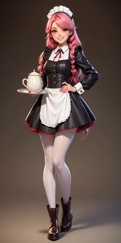 full body standing straight symmetrical, lustful smirking smile face red blush red cheeks, looking at viewer, holding tray, braid, maid headdress, maid, dress, apron, long sleeves, brown pantyhose, long leather military boots, thighs, long white hair, masterpiece