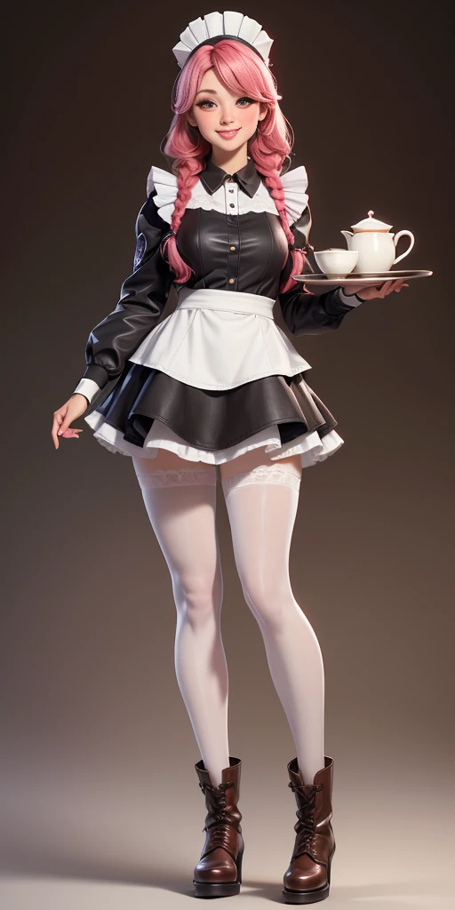 full body standing straight symmetrical, lustful smirking smile face red blush red cheeks, looking at viewer, holding tray, braid, maid headdress, maid, dress, apron, long sleeves, brown pantyhose, long leather military boots, thighs, long white hair, masterpiece