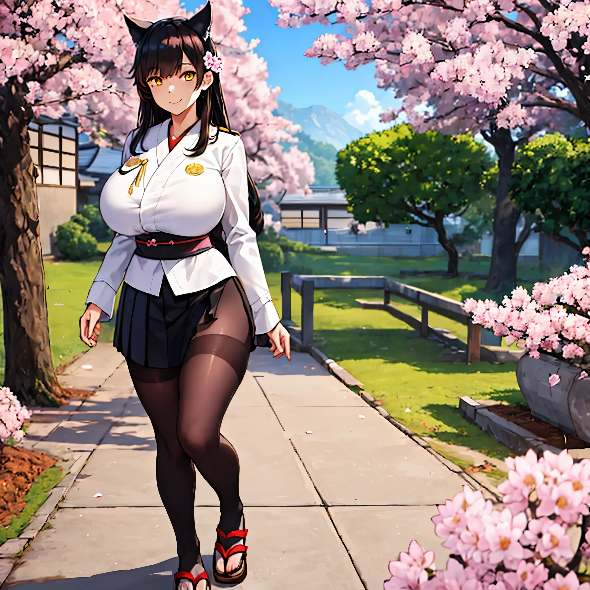 A woman wearing a Japanese navy , short black skirt, thick brown tights, black hair, neko ears, yellow eyes, smiling, big breasts, full body, walking outside a Japanese school with sakura trees HDR, ultra resolution, well defined, masterpiece, 8K HD (woman solo )
