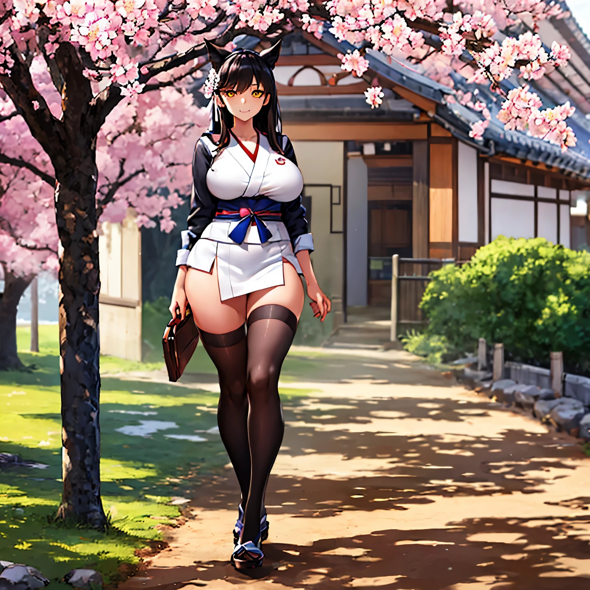 A woman wearing a Japanese navy , short black skirt, thick brown tights, black hair, neko ears, yellow eyes, smiling, big breasts, full body, walking outside a Japanese school with sakura trees HDR, ultra resolution, well defined, masterpiece, 8K HD (woman solo )
