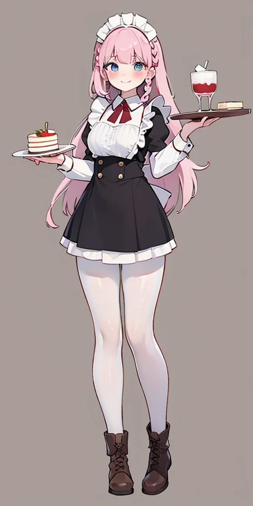 full body standing straight symmetrical, lustful smirking smile face red blush red cheeks, looking at viewer, holding tray, braid, maid headdress, maid, dress, apron, long sleeves, brown pantyhose, long leather military boots, thighs, long white hair, masterpiece