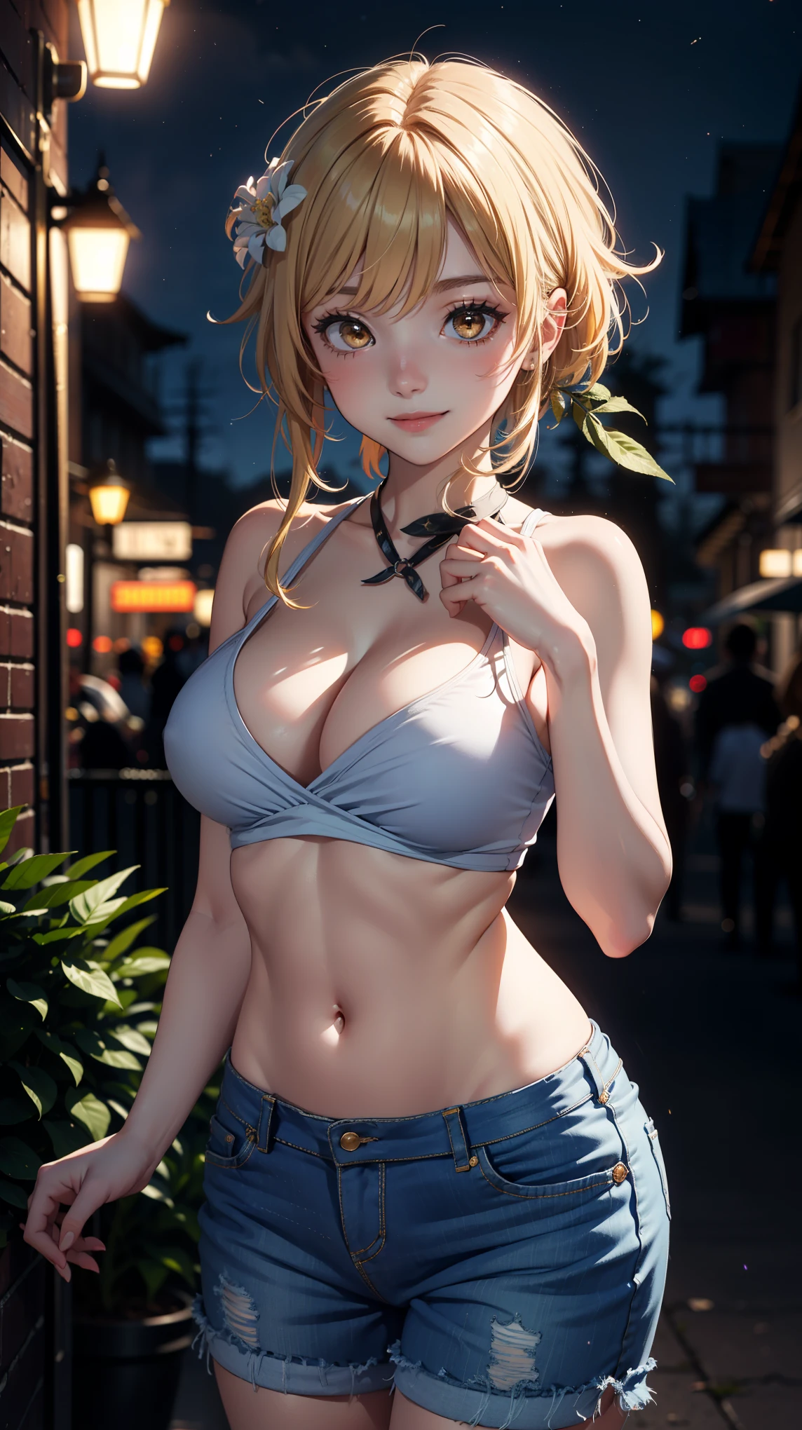 Masterpiece, high quality, blurry background, hd, 4k,(dark night:1.5),luminernd, (large breasts), outdoors, standing, blush, looking at viewer, upper body, (dynamic poses, dynamic angle), (casual style:1.5) , cleavage, navel, smile