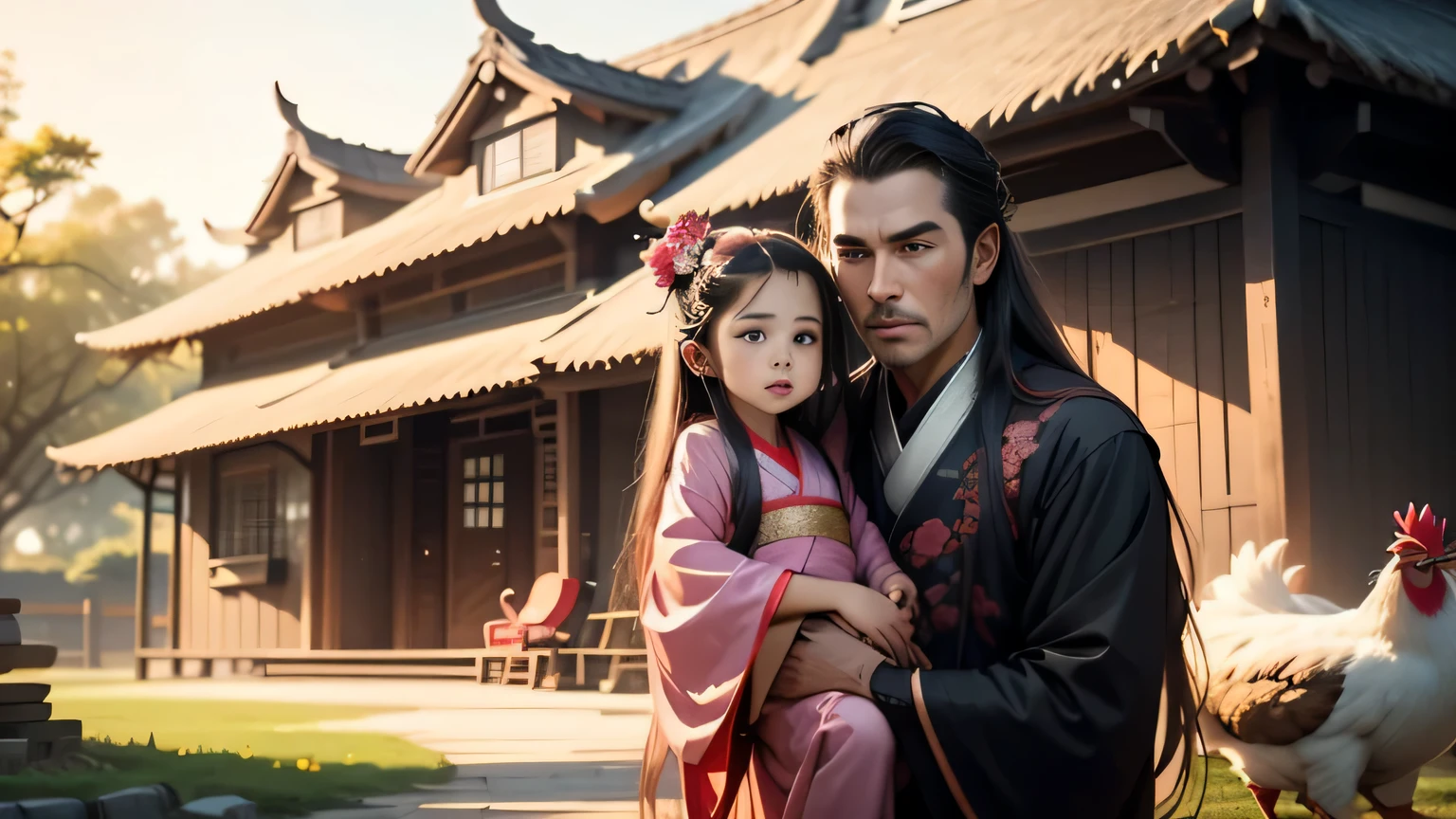 Next to a thatched house,father and daughter,say,Hanfu,Long hair,A 3-year-old girl with a round face wearing a pink Hanfu,Play in the yard,There are a few chickens and ducks nearby.,panoramic,You can see all of the thatched house